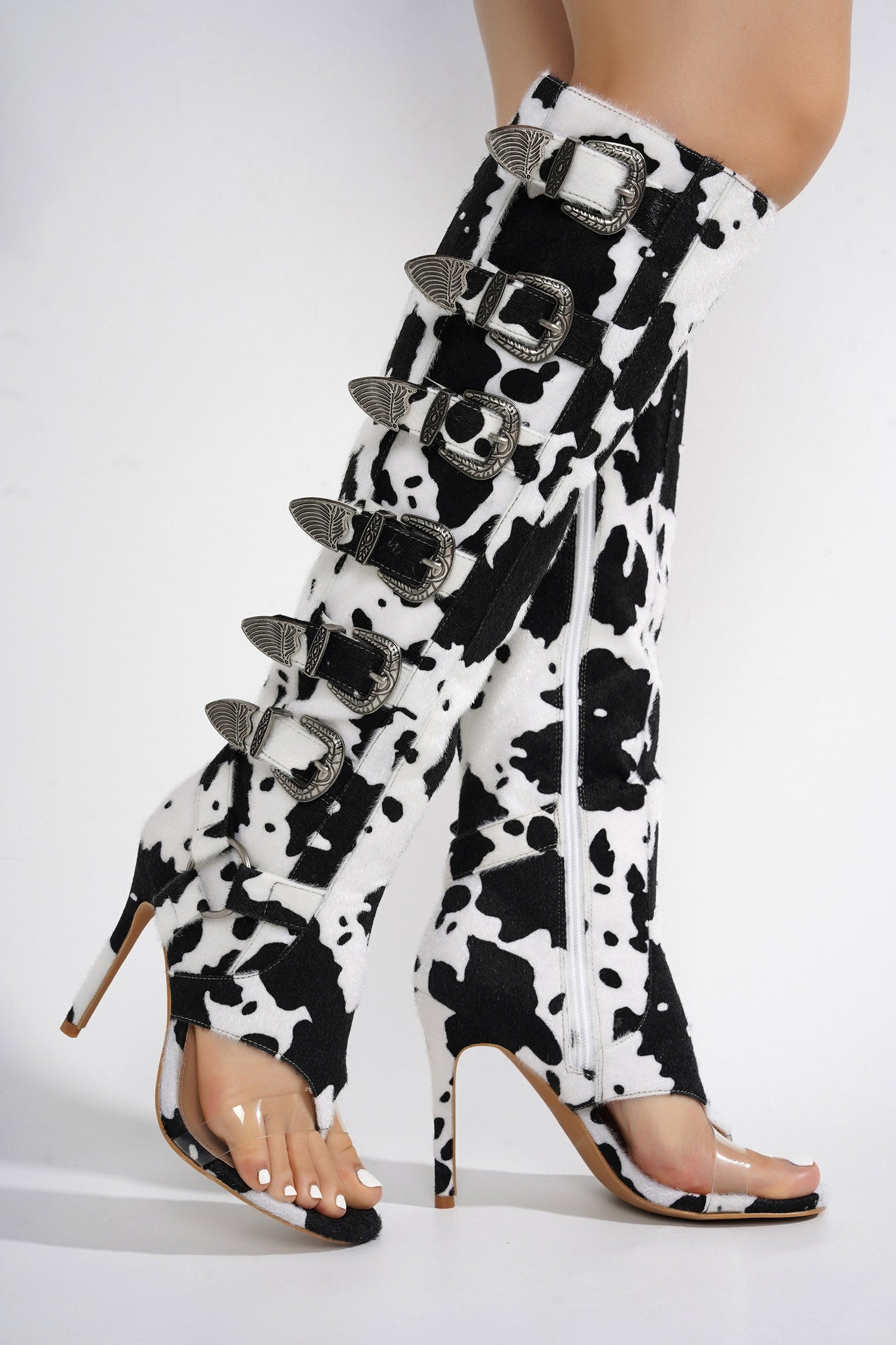 Elarahh Belt Buckle Open Round Toe Heel Boots - Cow