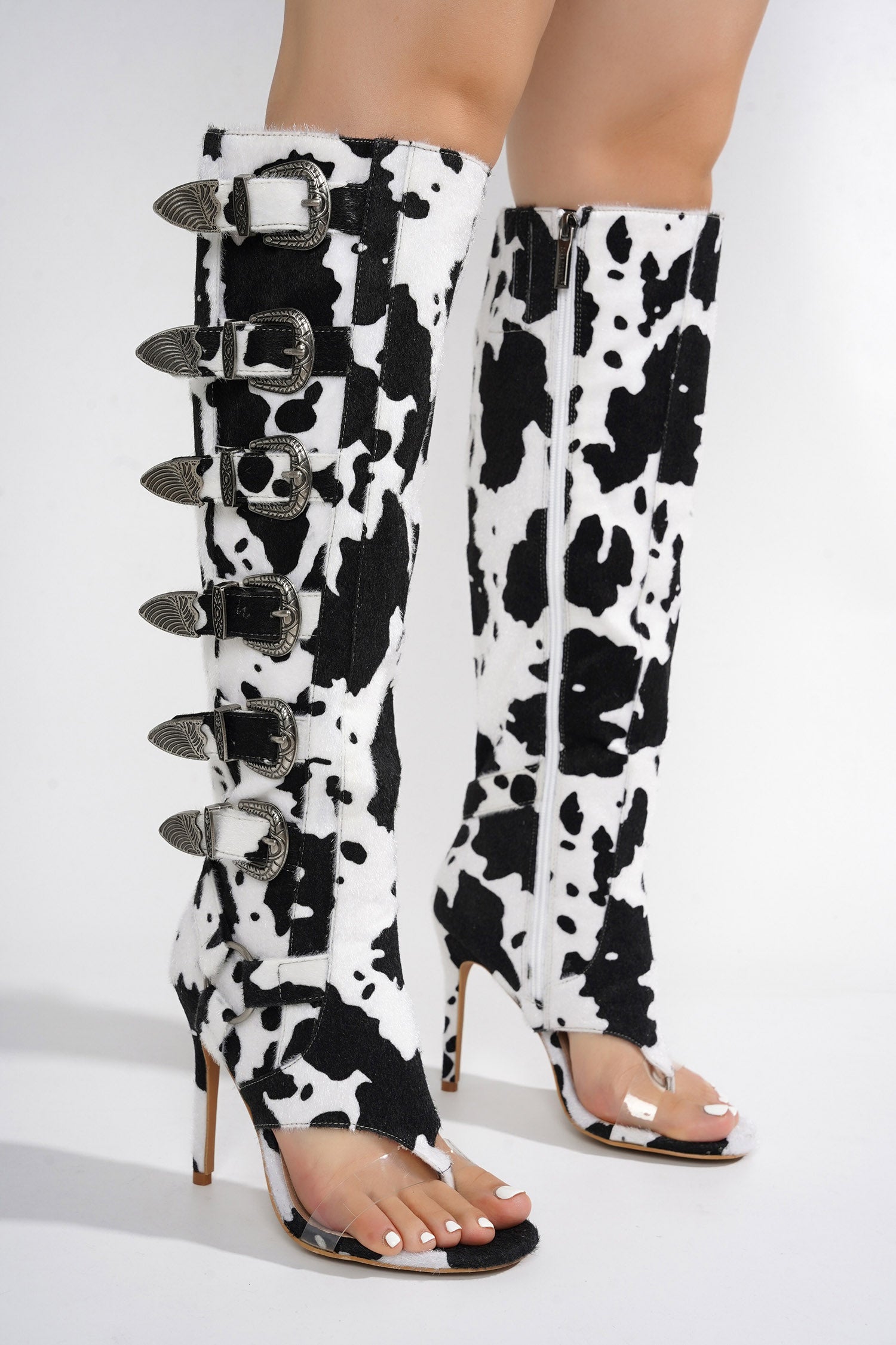 Elarahh Belt Buckle Open Round Toe Heel Boots - Cow