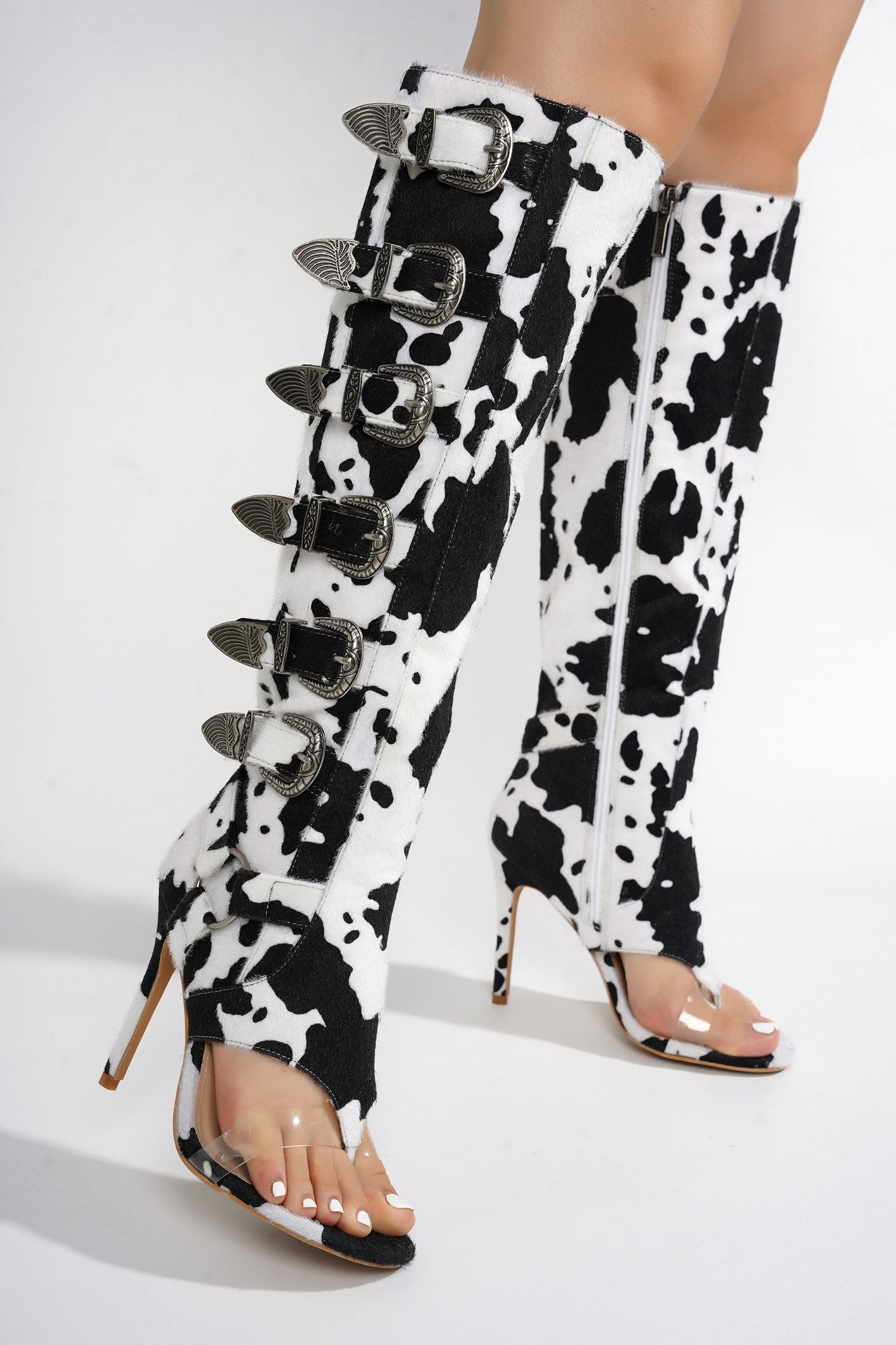 Elarahh Belt Buckle Open Round Toe Heel Boots - Cow