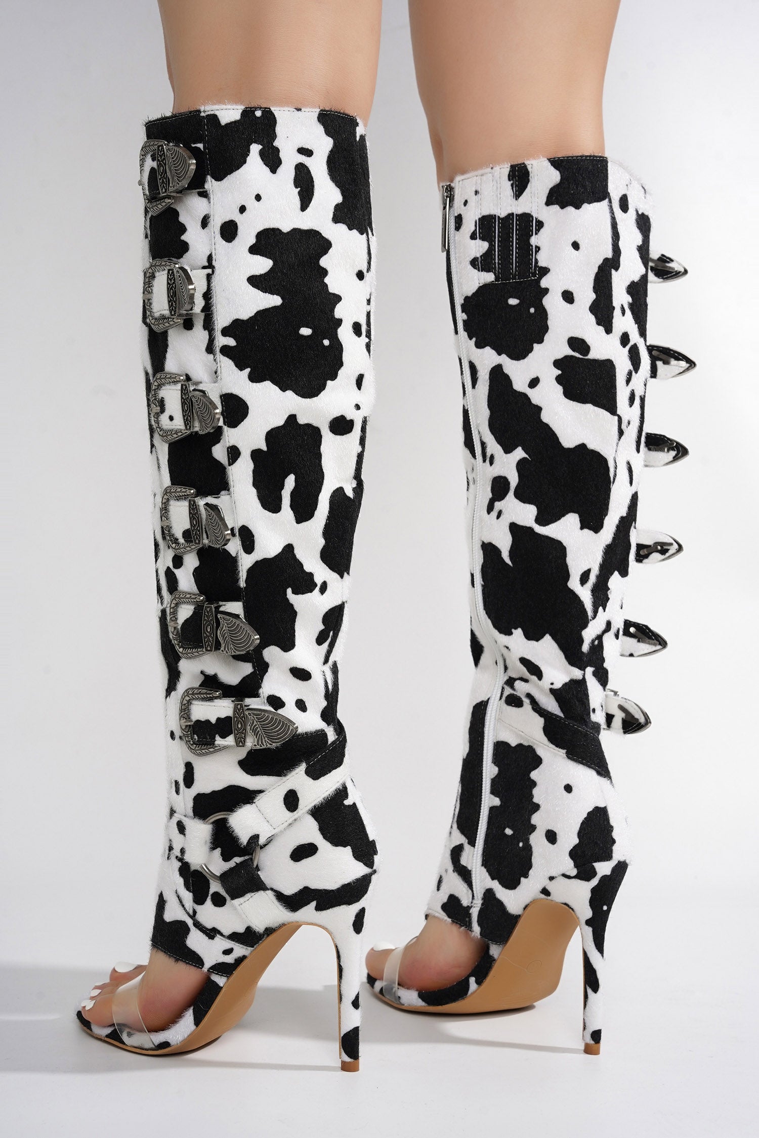 Elarahh Belt Buckle Open Round Toe Heel Boots - Cow