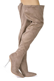 Estele Clear Pointy Toe Thigh High Boots - Taupe