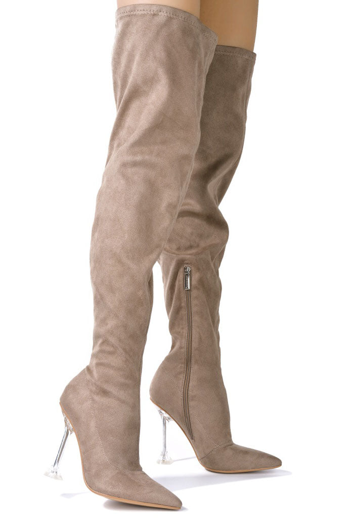 Estele Clear Pointy Toe Thigh High Boots - Taupe