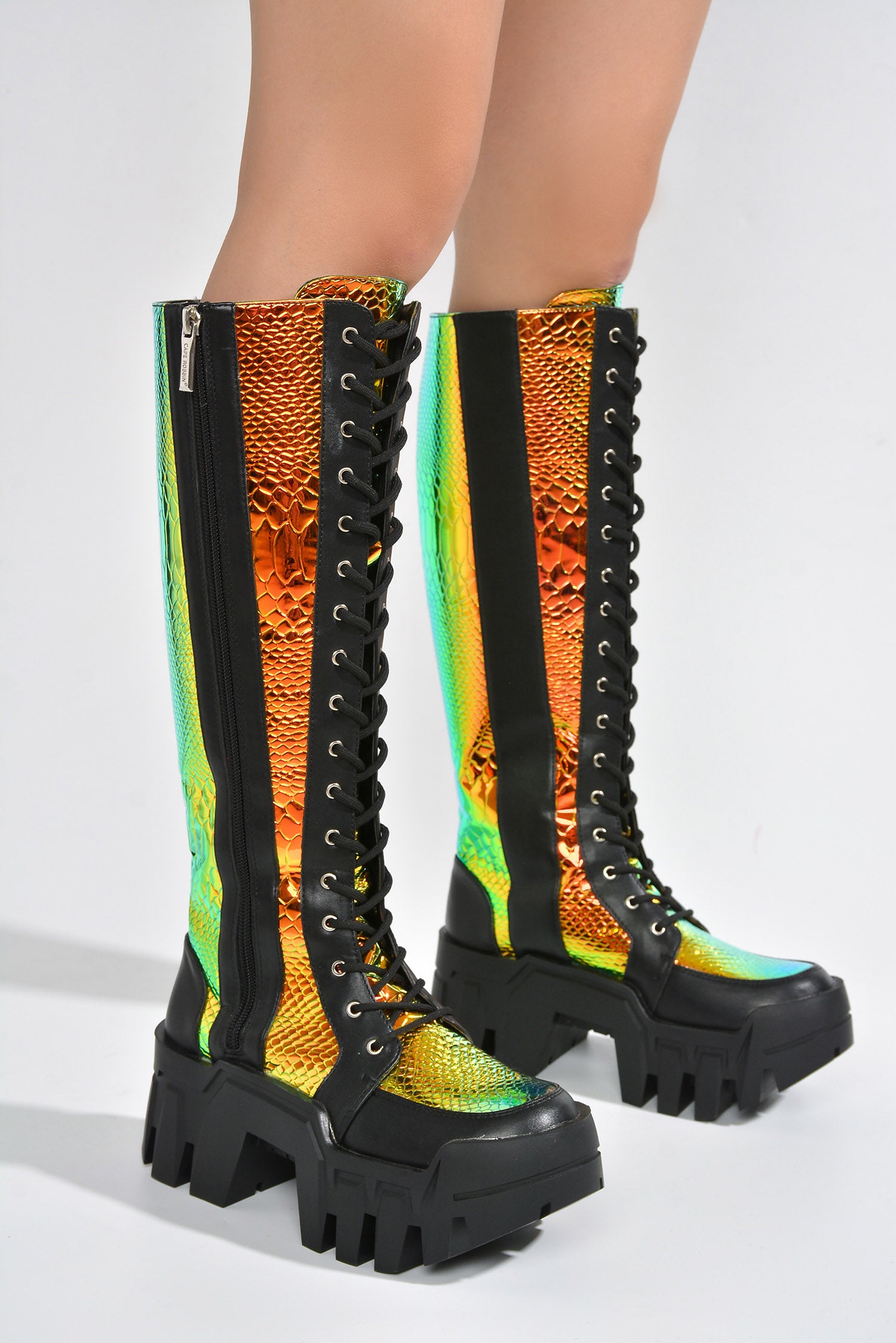 Fade Metallic Knee-High Chunky Lug Sole Boots - Black Multi