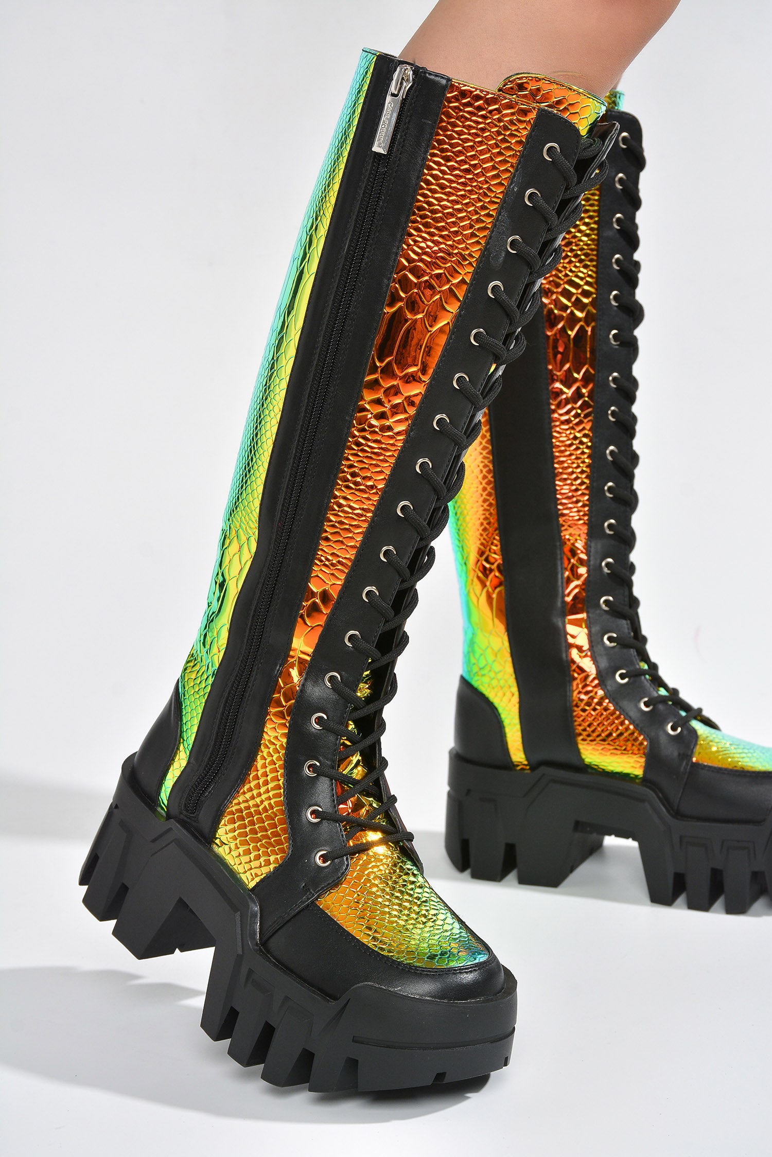 Fade Metallic Knee-High Chunky Lug Sole Boots - Black Multi
