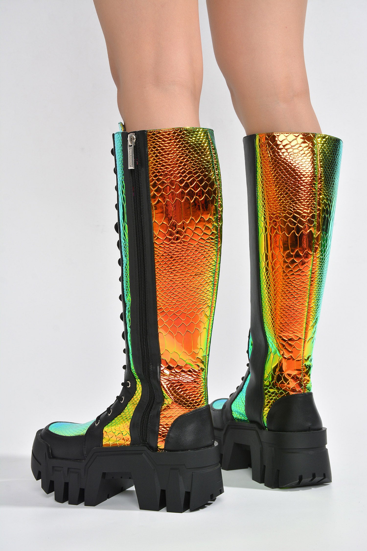Fade Metallic Knee-High Chunky Lug Sole Boots - Black Multi