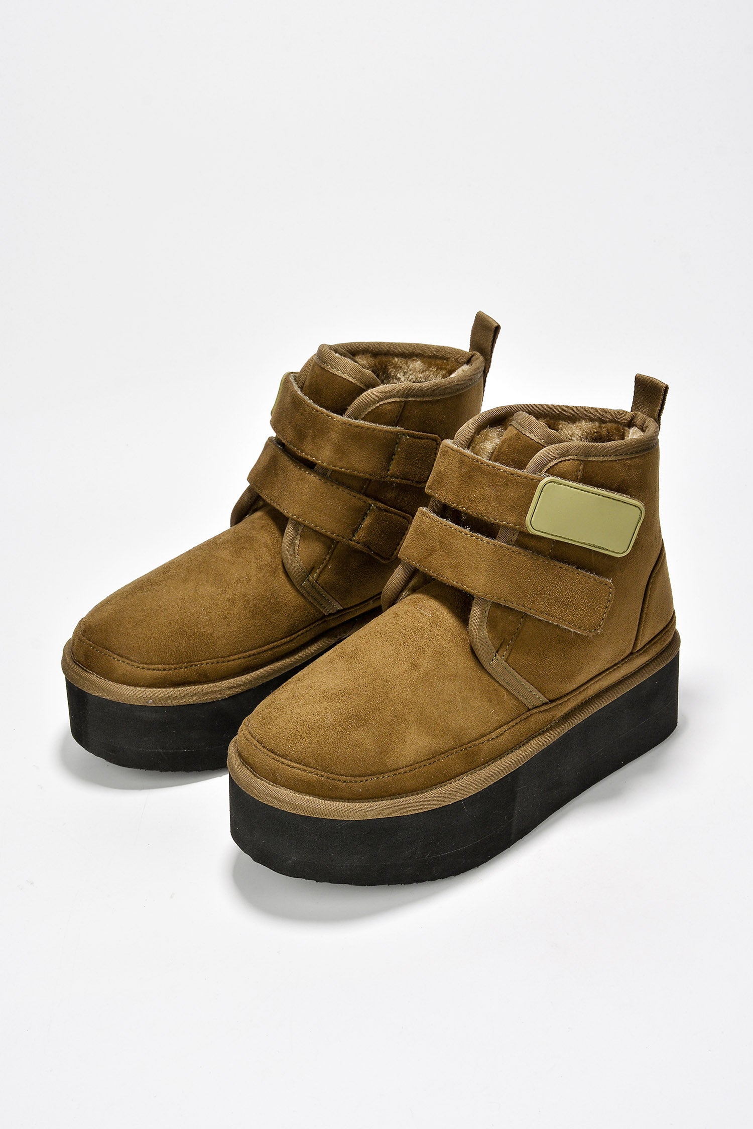 Felia Double Velcro Platform Suede Booties - Olive