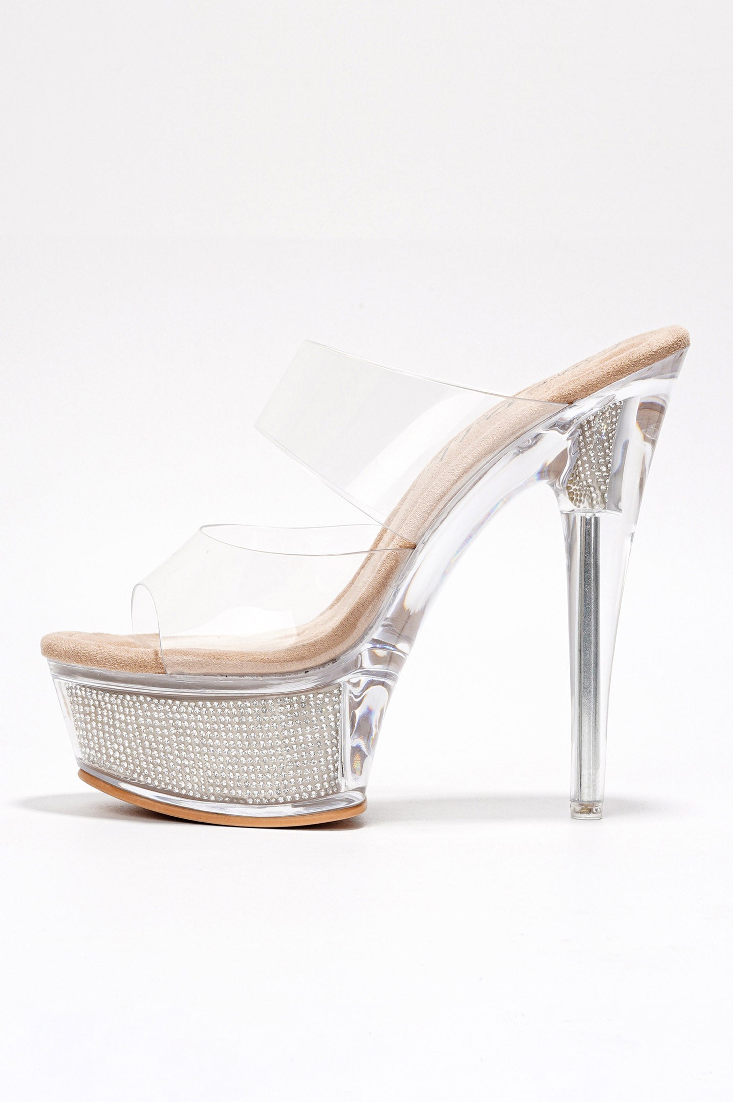 Ferrara Clear Platform Slip-On Rhinestone Transparent Straps, Round Toe Stiletto Heels - Nude - Cape Robbin