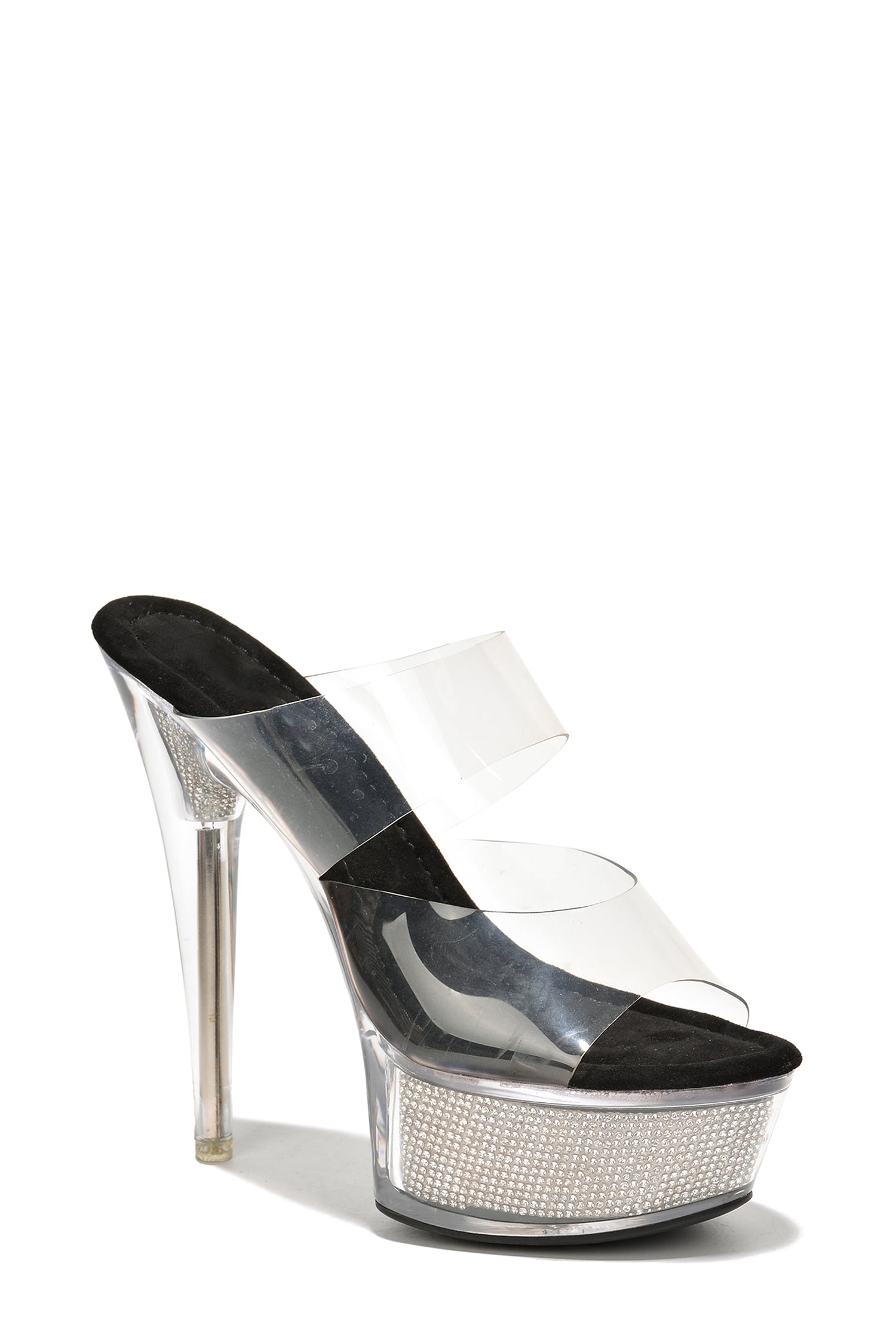 Ferrara Clear Platform Slip-On Rhinestone Transparent Straps, Round Toe Stiletto Heels - Black - Cape Robbin