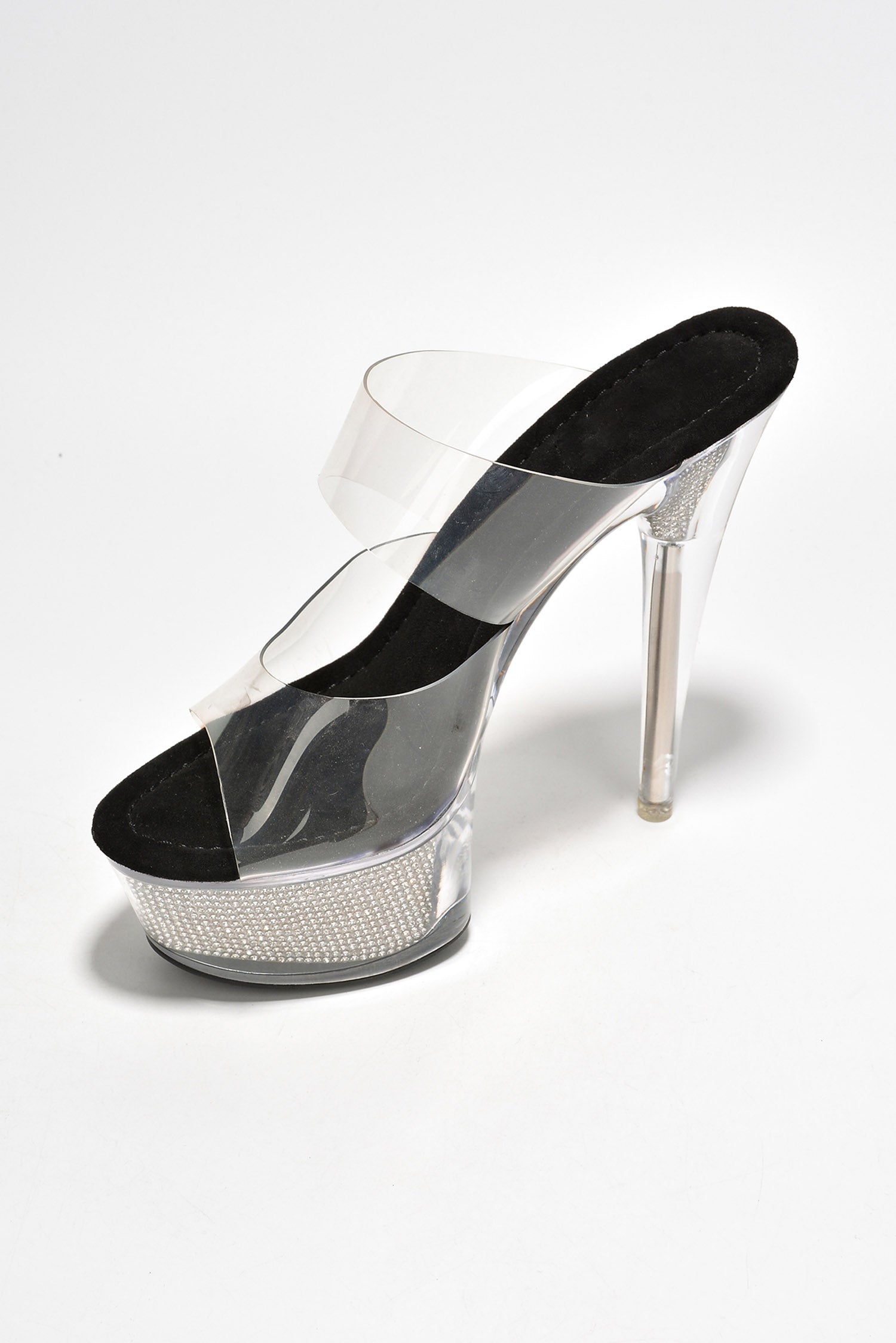 Ferrara Clear Platform Slip-On Rhinestone Transparent Straps, Round Toe Stiletto Heels - Black - Cape Robbin