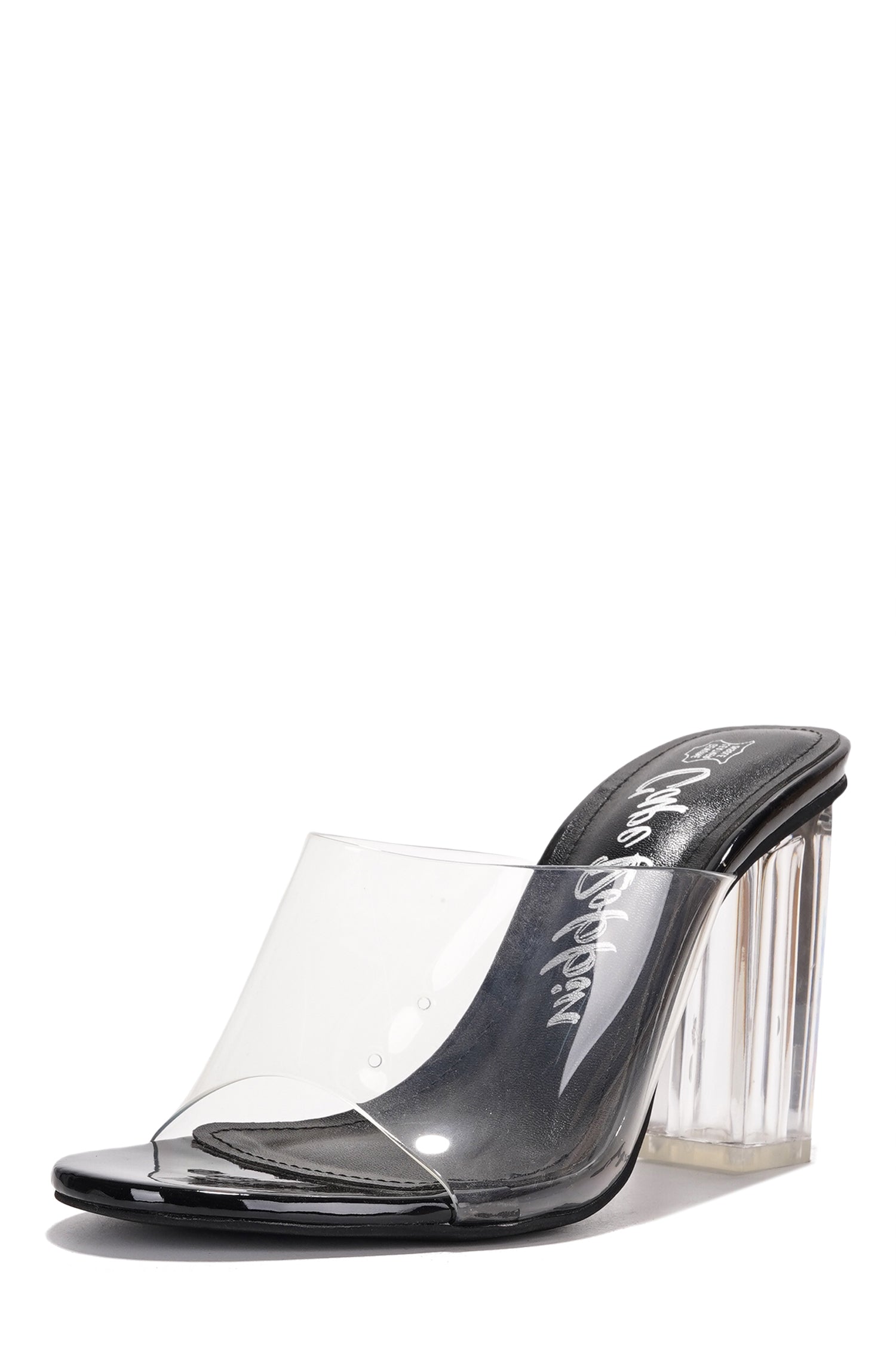 Fusion Clear Slip-On Transparent Straps, Round Toe Block Heels - Black - Cape Robbin
