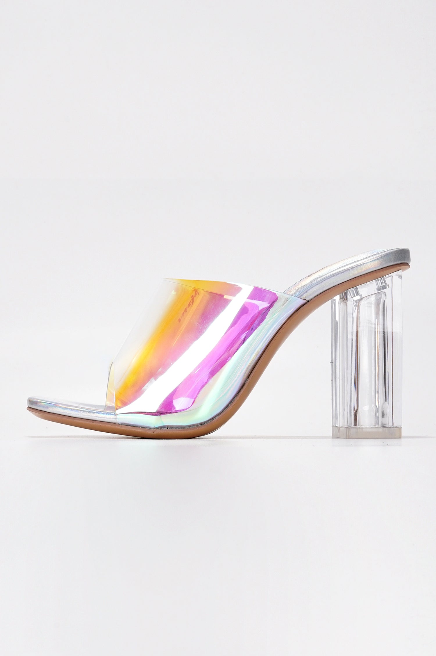 Fusion Clear Slip-On Transparent Straps, Round Toe Block Heels - Holographic - Cape Robbin