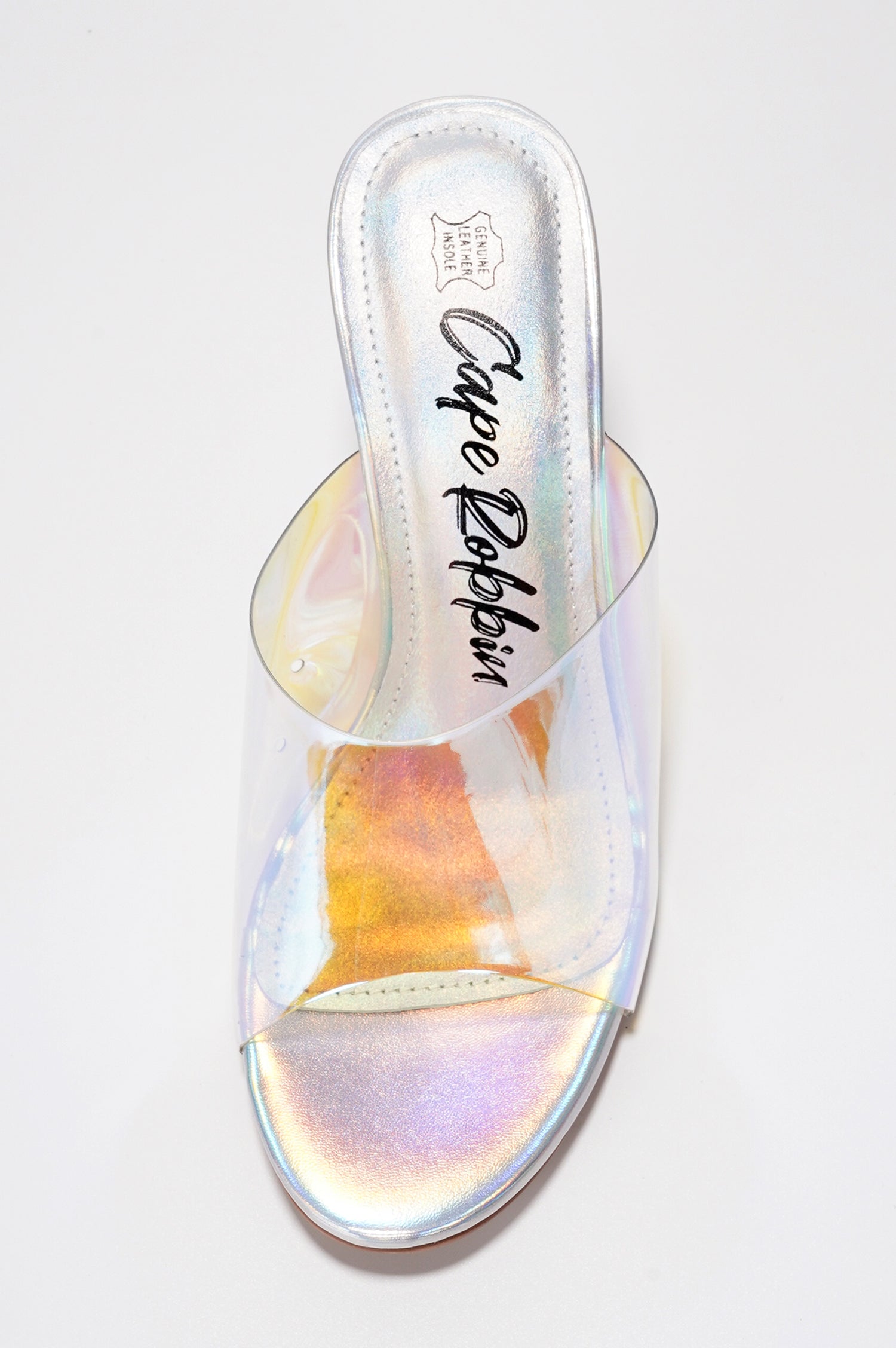 Fusion Clear Slip-On Transparent Straps, Round Toe Block Heels - Holographic - Cape Robbin
