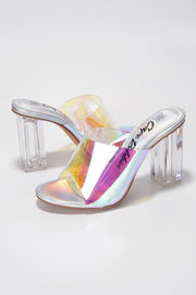 Fusion Clear Slip-On Transparent Straps, Round Toe Block Heels - Holographic - Cape Robbin