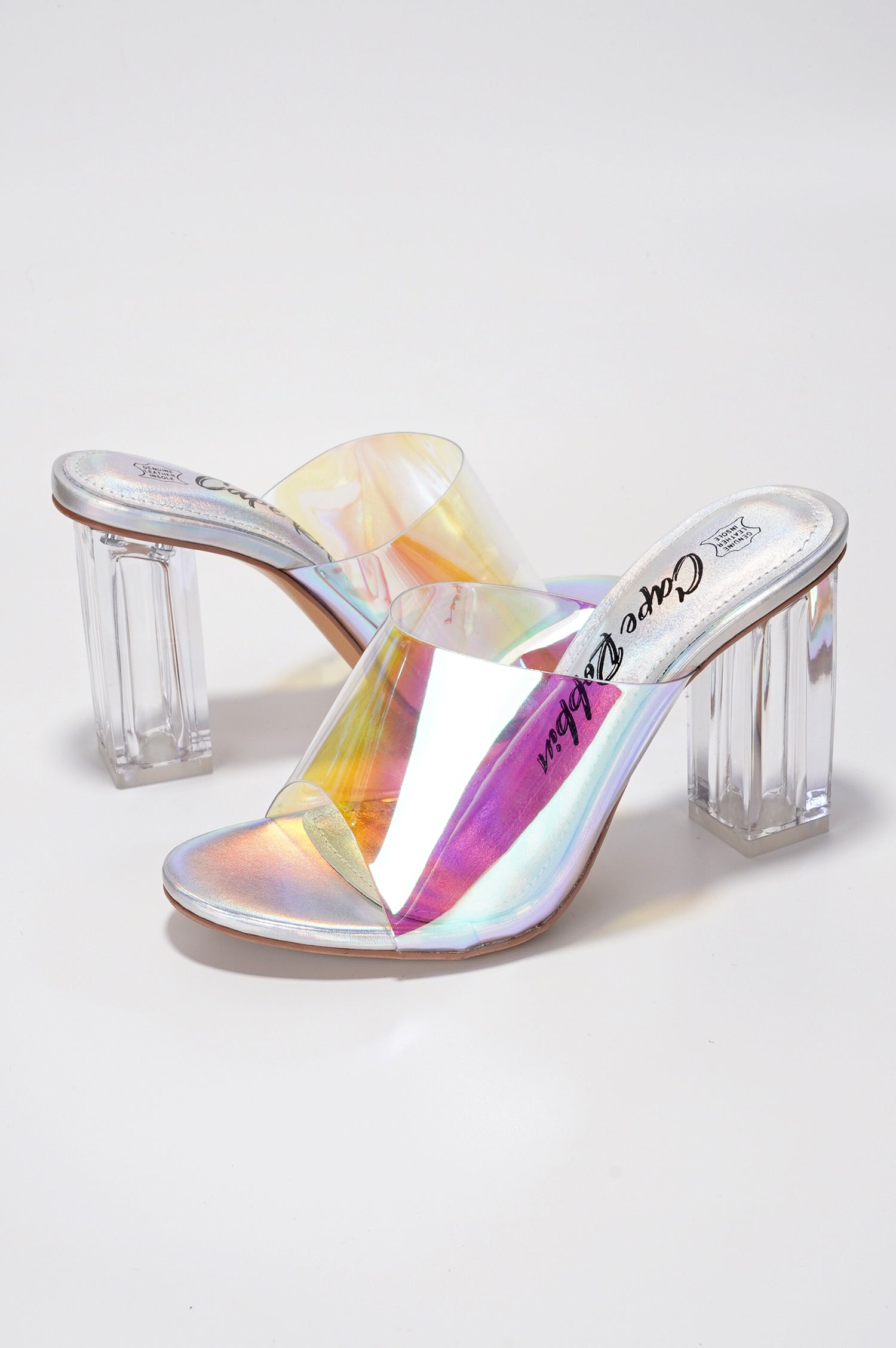 Fusion Clear Slip-On Transparent Straps, Round Toe Block Heels - Holographic - Cape Robbin