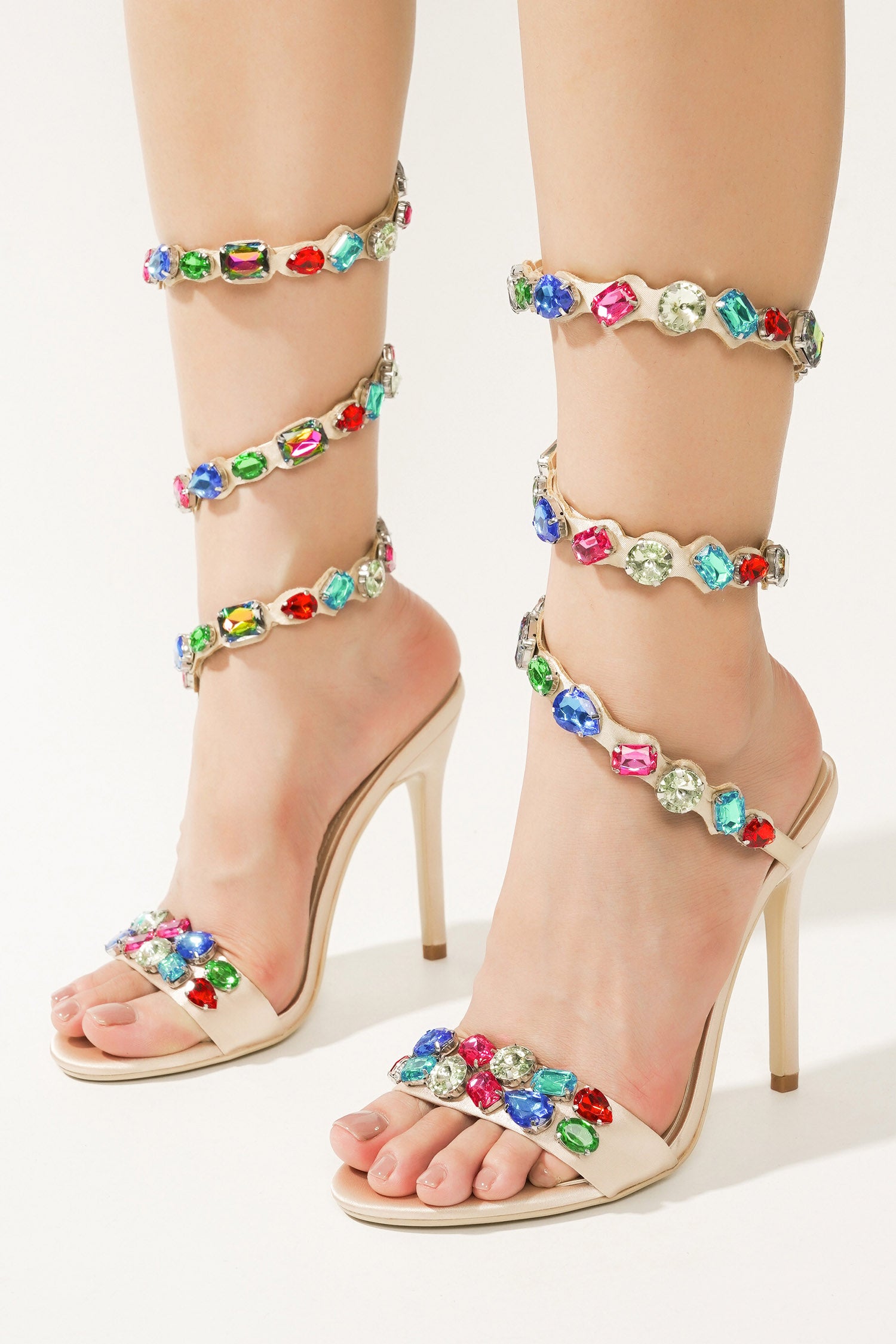 Helia Women‘s Gem-Trimmed Metallic Heels - Ankle Wrap 4 Inch Stiletto Heels - Champagne - Cape Robbin