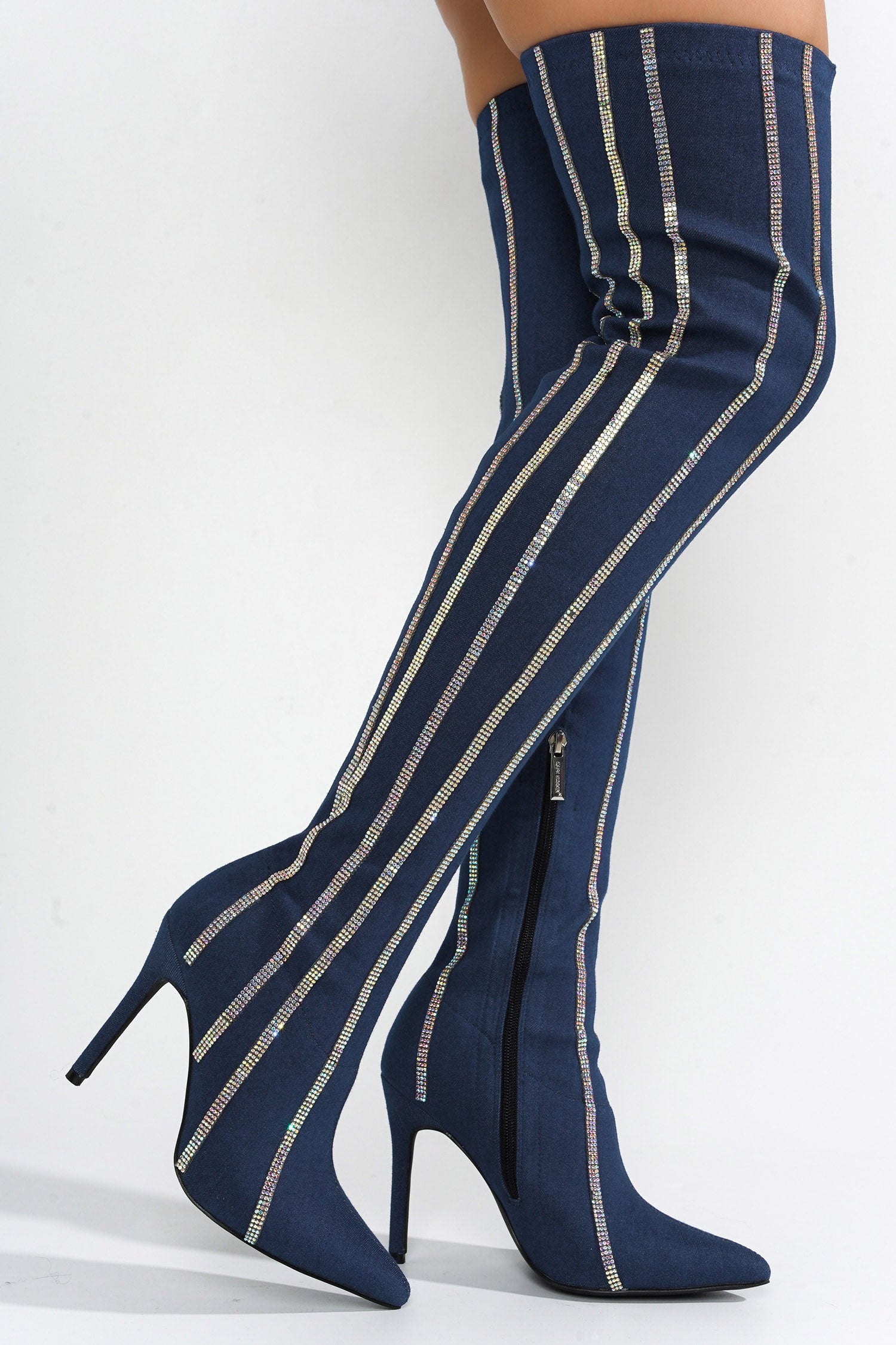 Hidenim Rhinestone Thigh High Stiletto Boots Denim – Cape Robbin