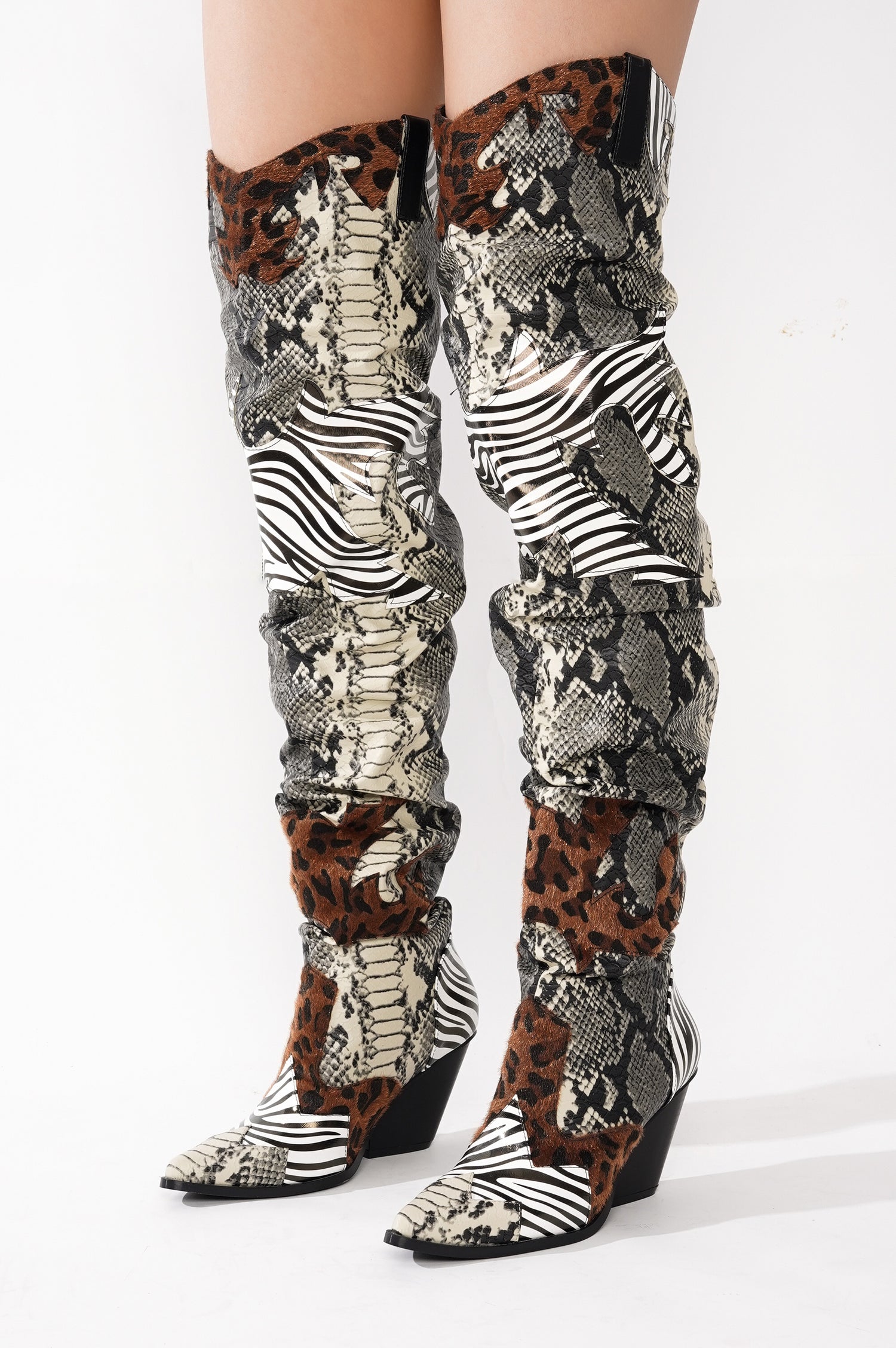 Hilda Faux Snakeskin Thigh High Cowboy Boots - Animal