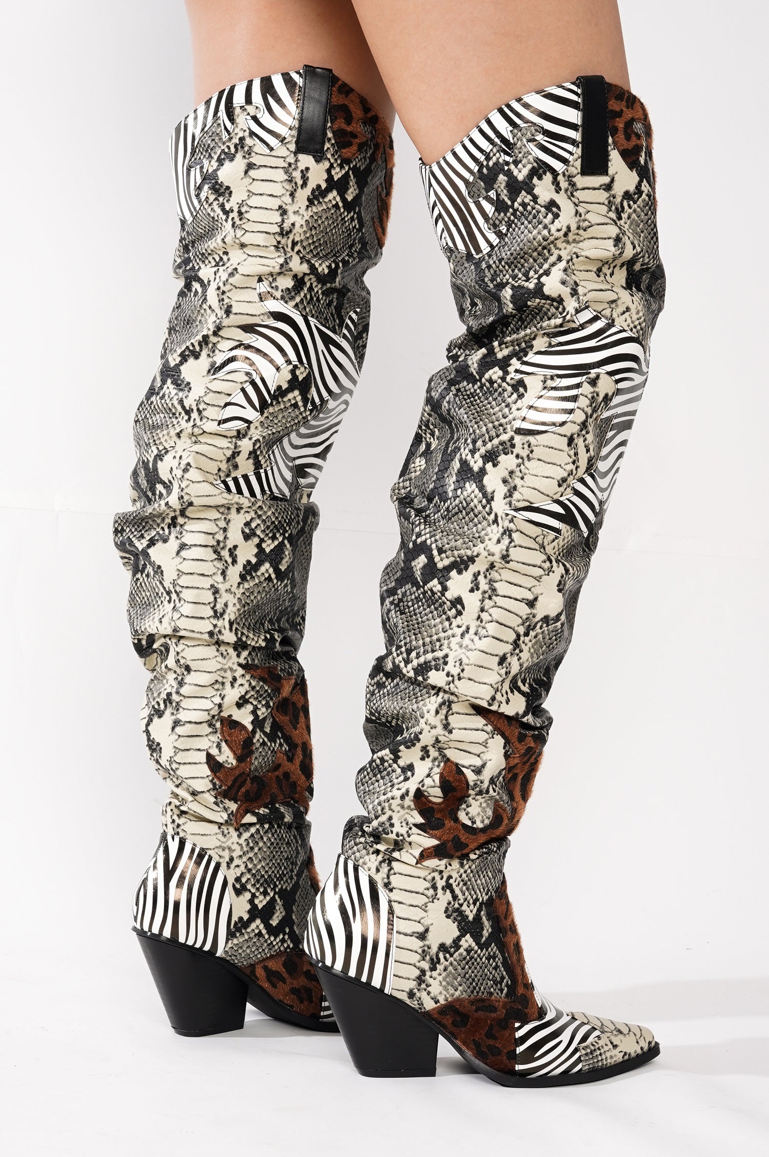Hilda Faux Snakeskin Thigh High Cowboy Boots - Animal