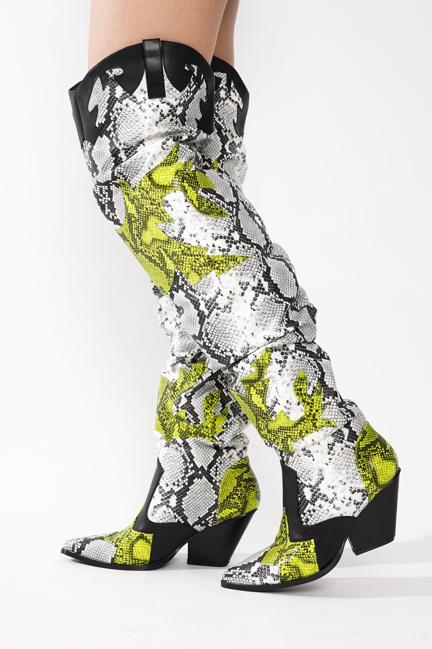 Hilda Faux Snakeskin Thigh High Cowboy Boots - Black