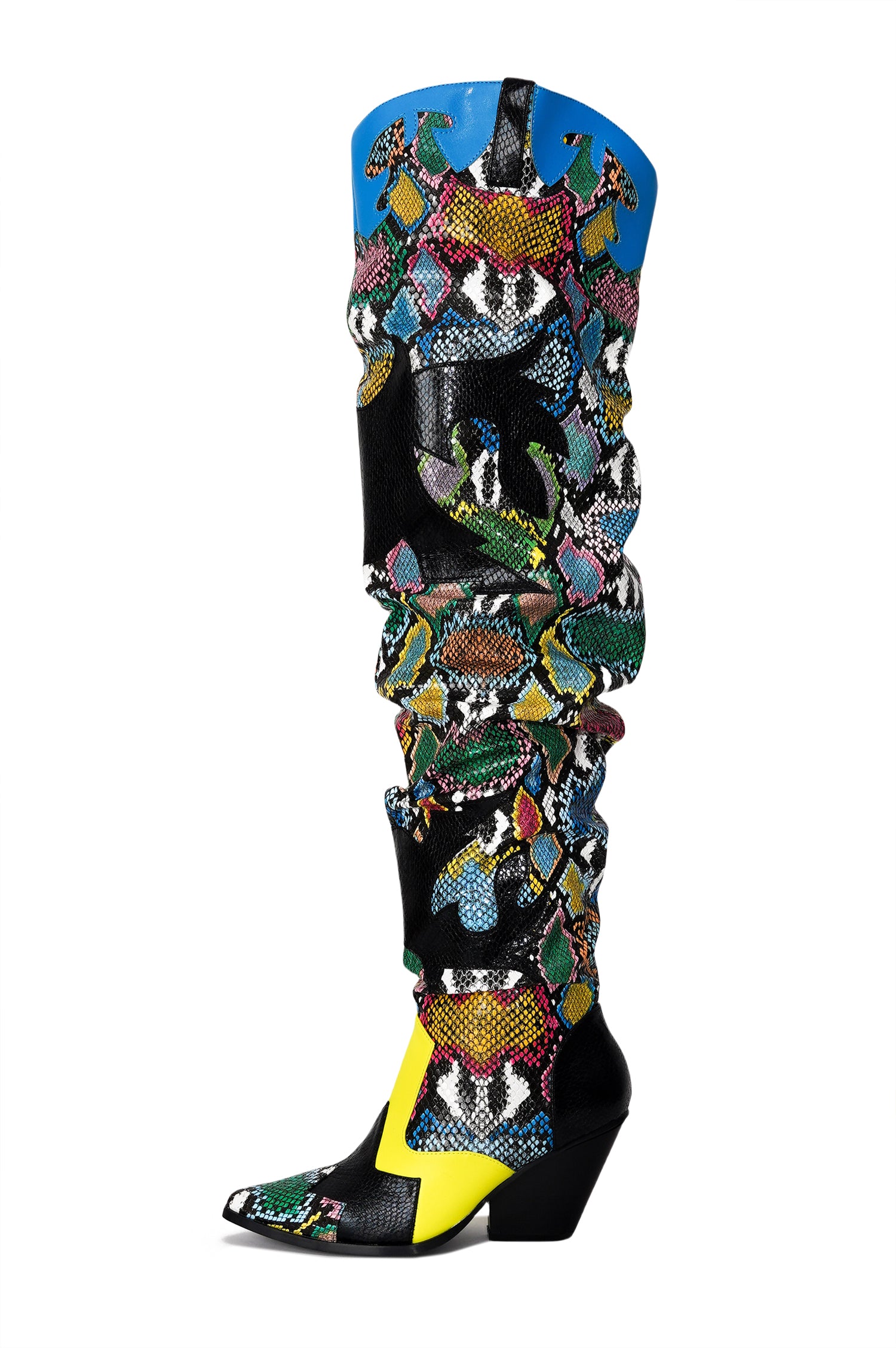 Hilda Faux Snakeskin Thigh High Cowboy Boots - Multi