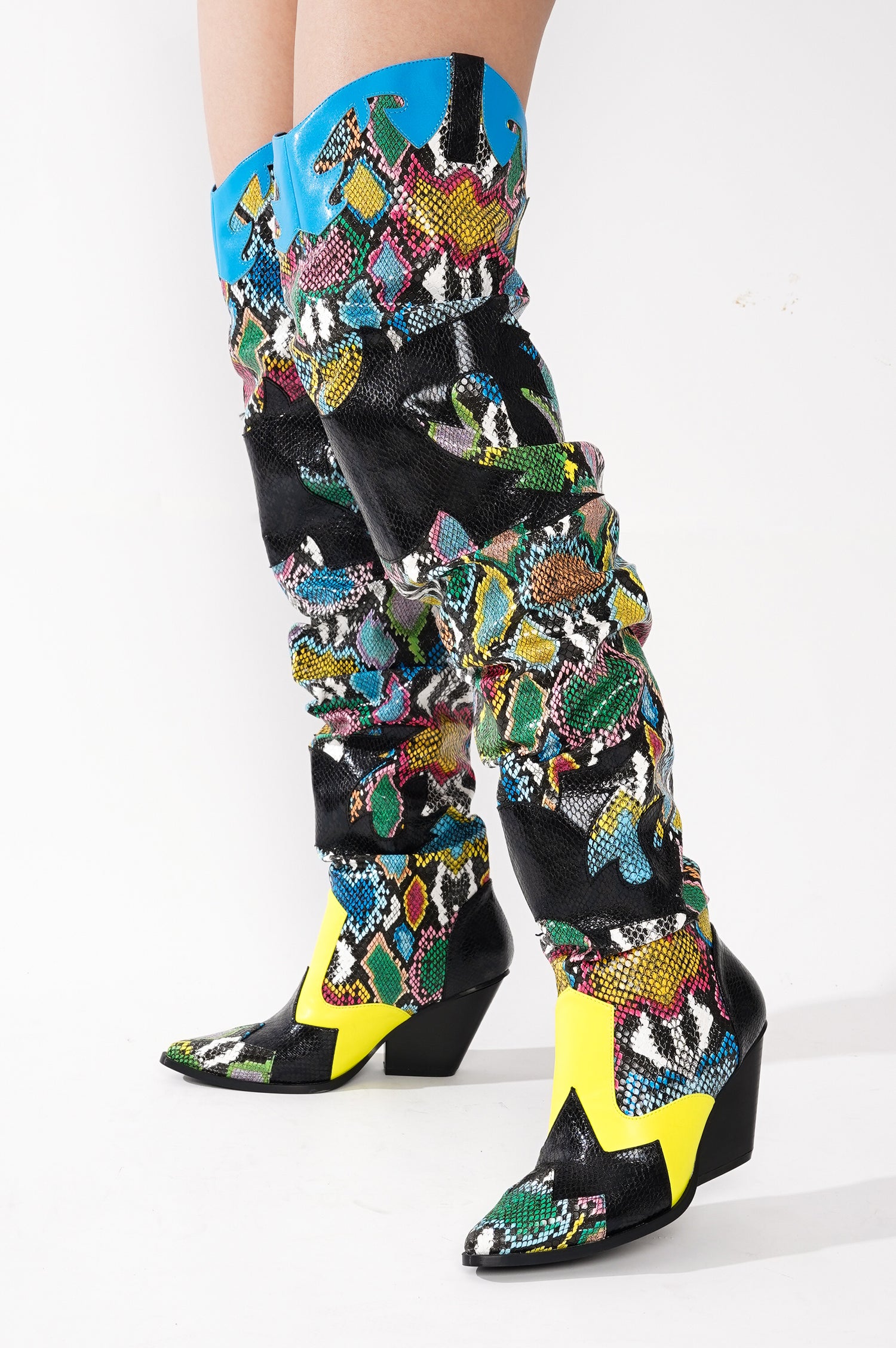 Hilda Faux Snakeskin Thigh High Cowboy Boots - Multi