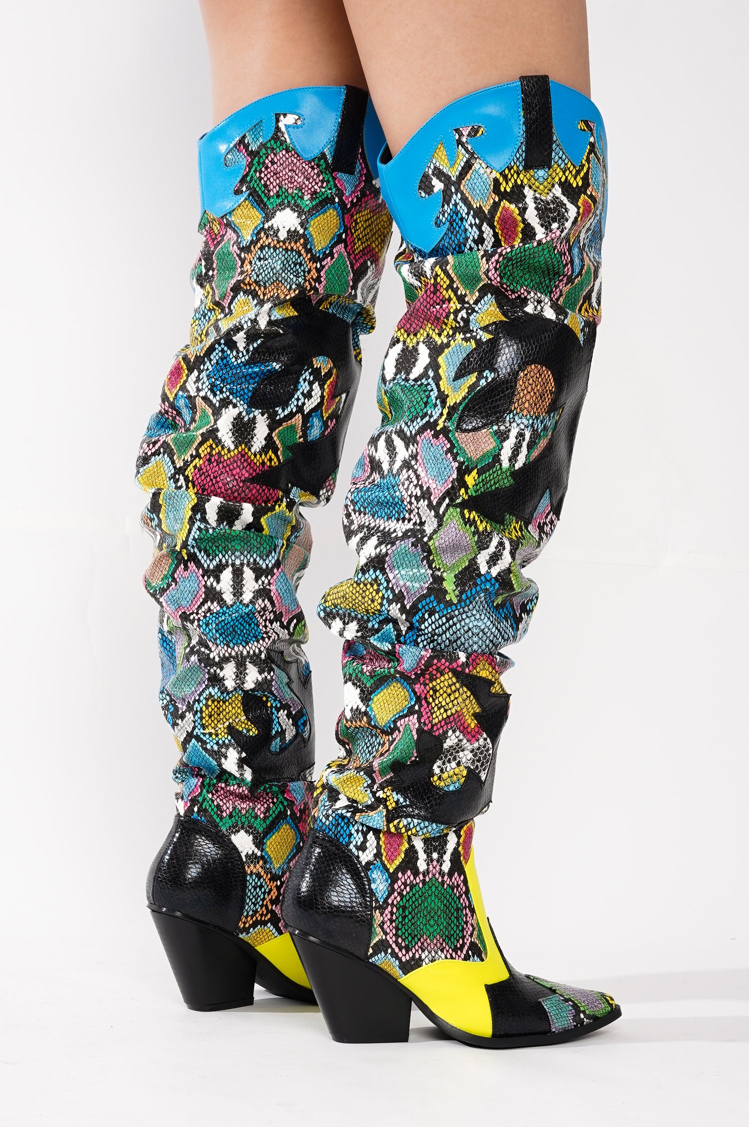 Hilda Faux Snakeskin Thigh High Cowboy Boots - Multi