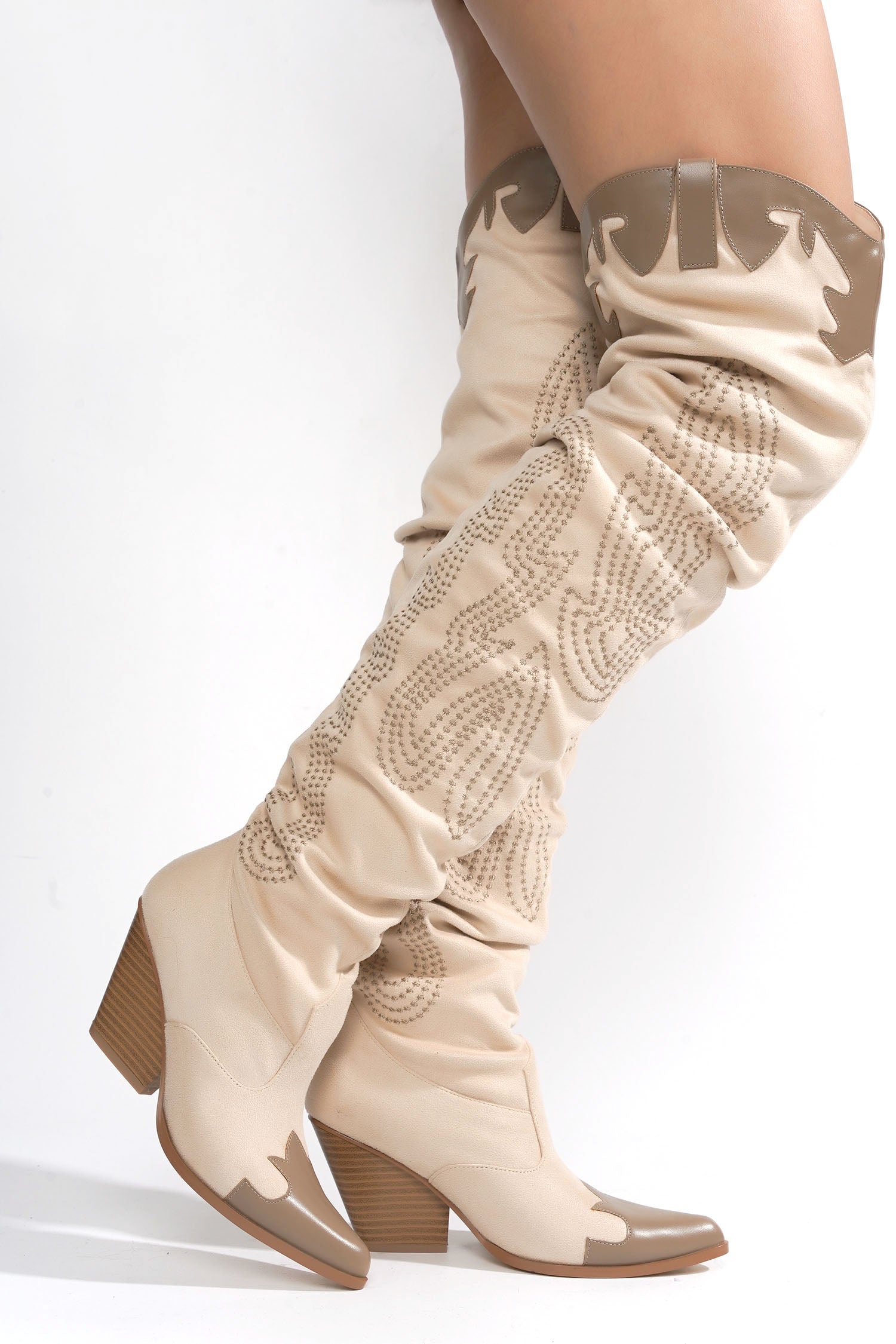 Icona Embroidery Thigh-High Cowboy Boots - Cream