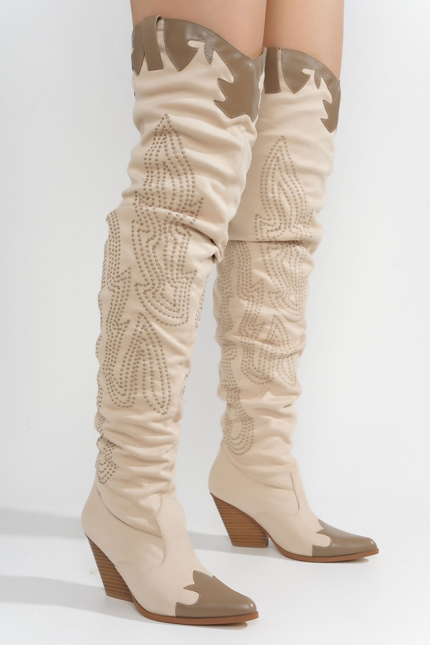 Icona Embroidery Thigh-High Cowboy Boots - Cream
