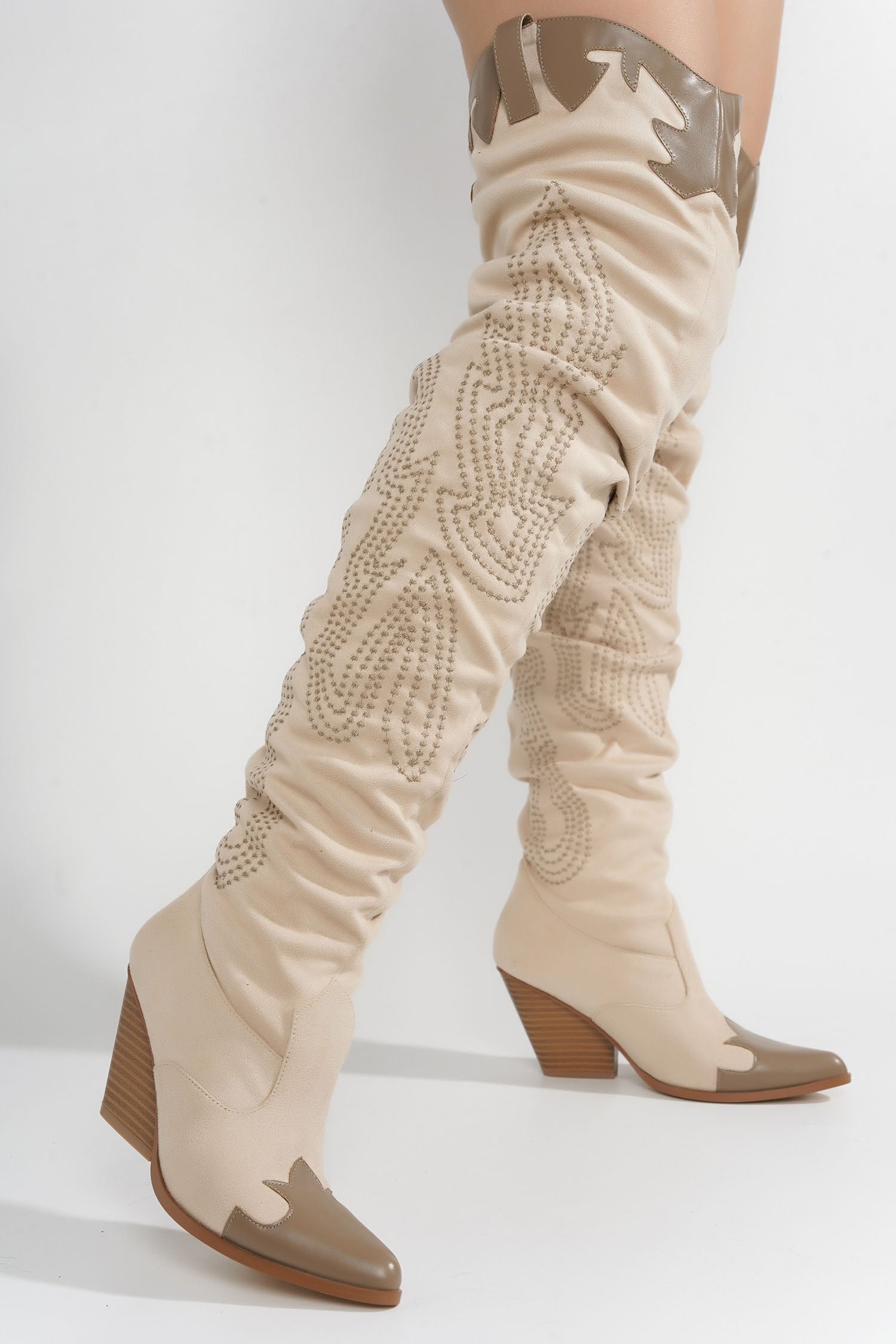 Icona Embroidery Thigh-High Cowboy Boots - Cream
