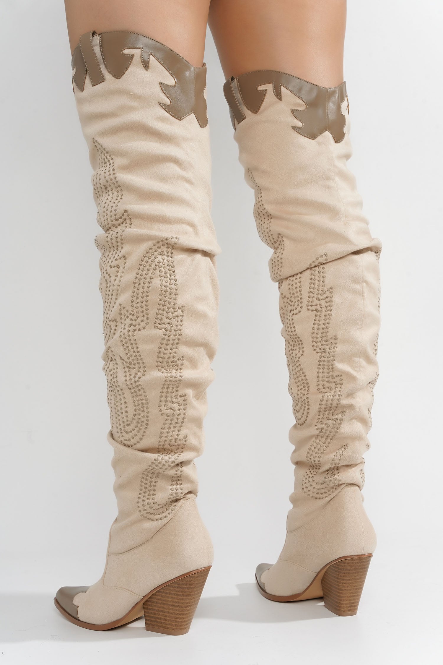 Icona Embroidery Thigh-High Cowboy Boots - Cream