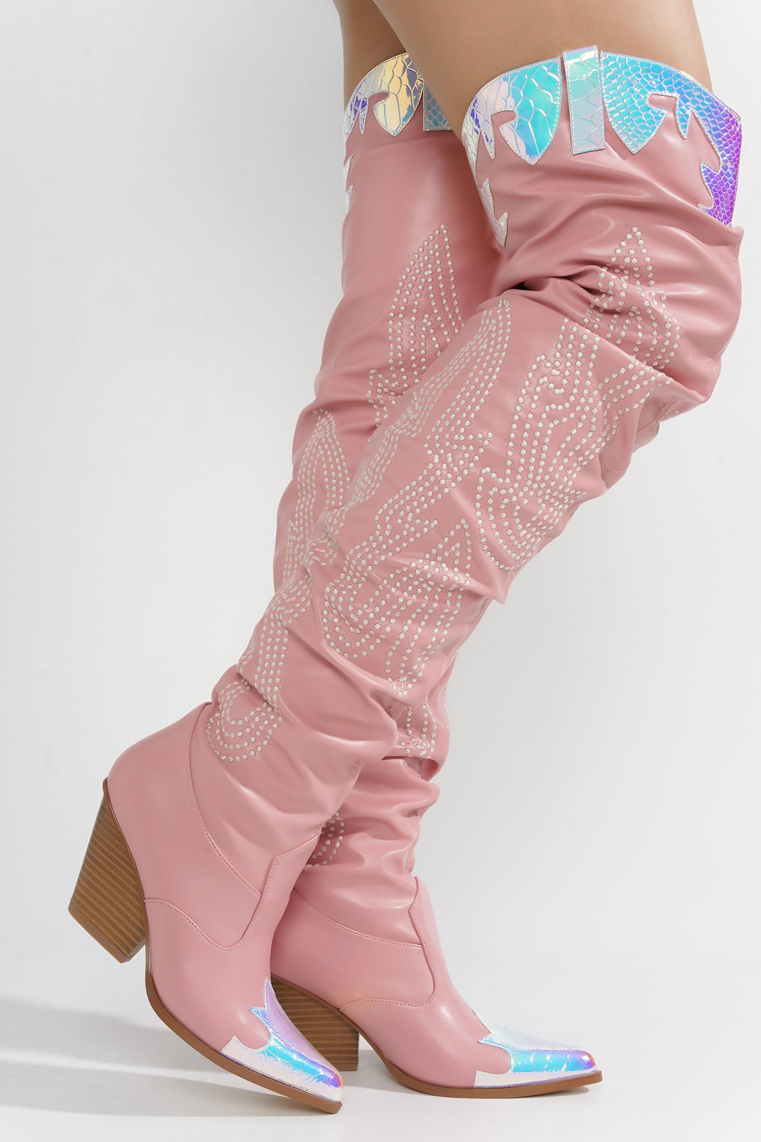 Icona Embroidery Thigh-High Cowboy Boots - Pink