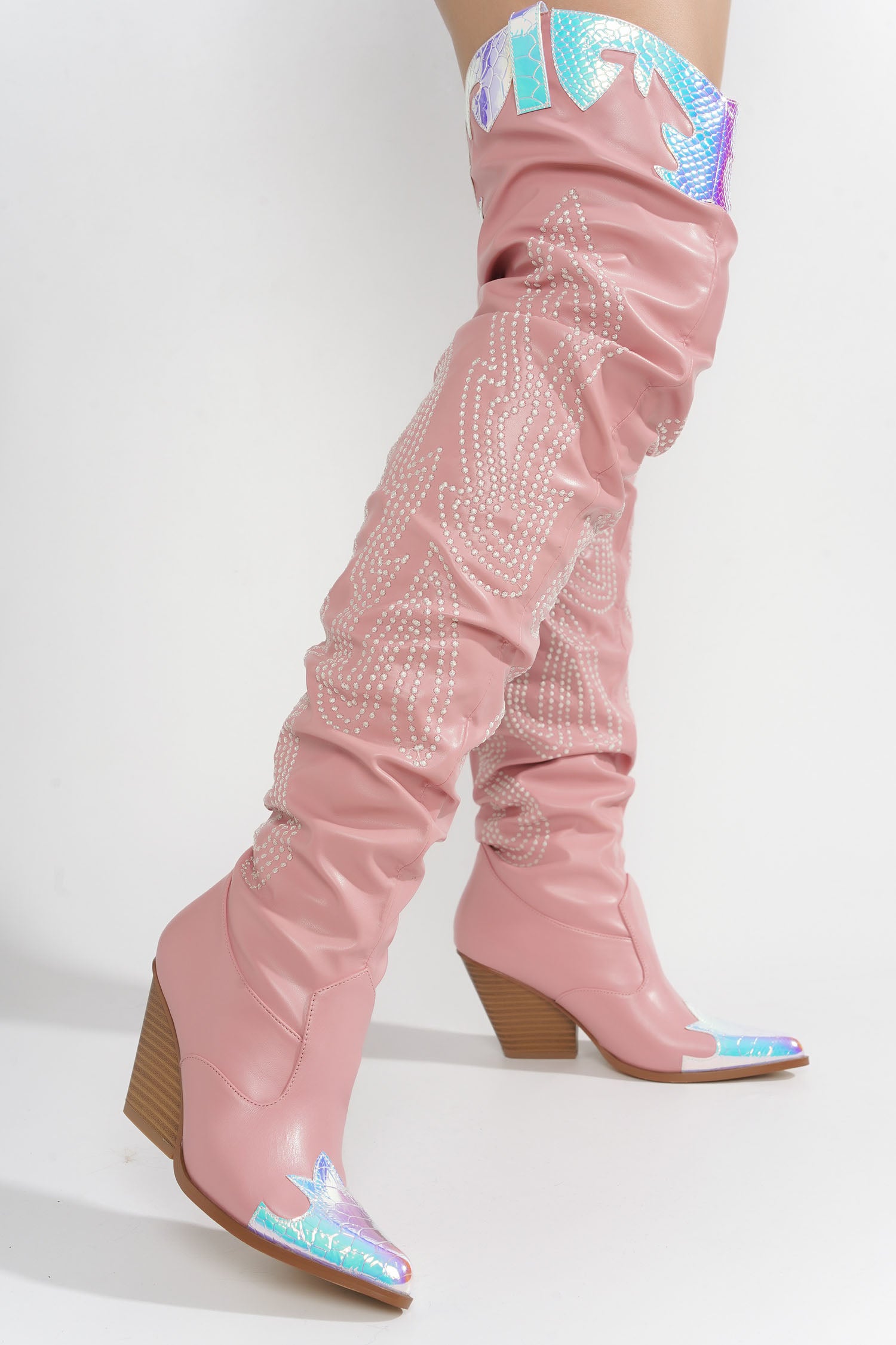Icona Embroidery Thigh-High Cowboy Boots - Pink
