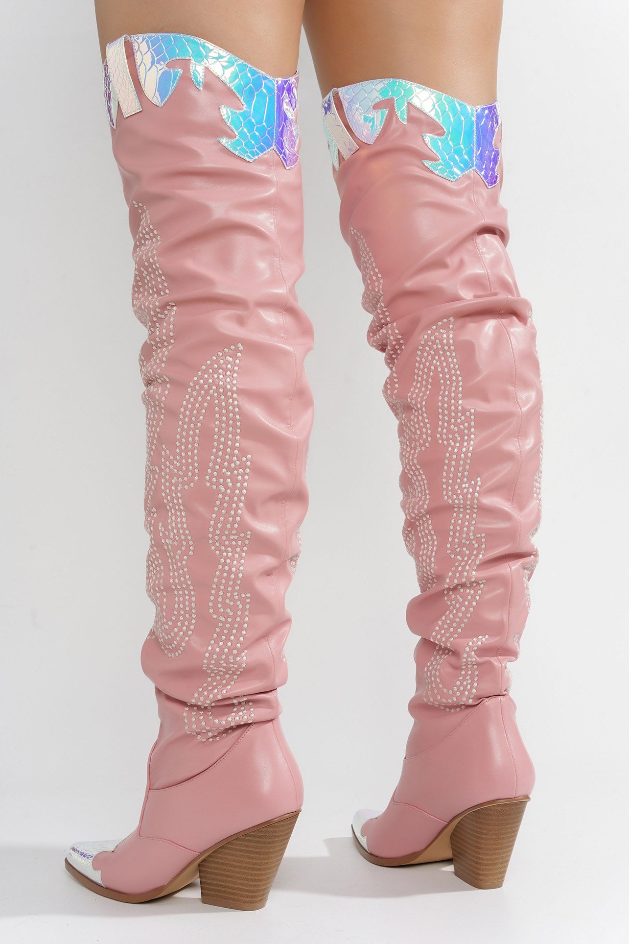 Icona Embroidery Thigh-High Cowboy Boots - Pink