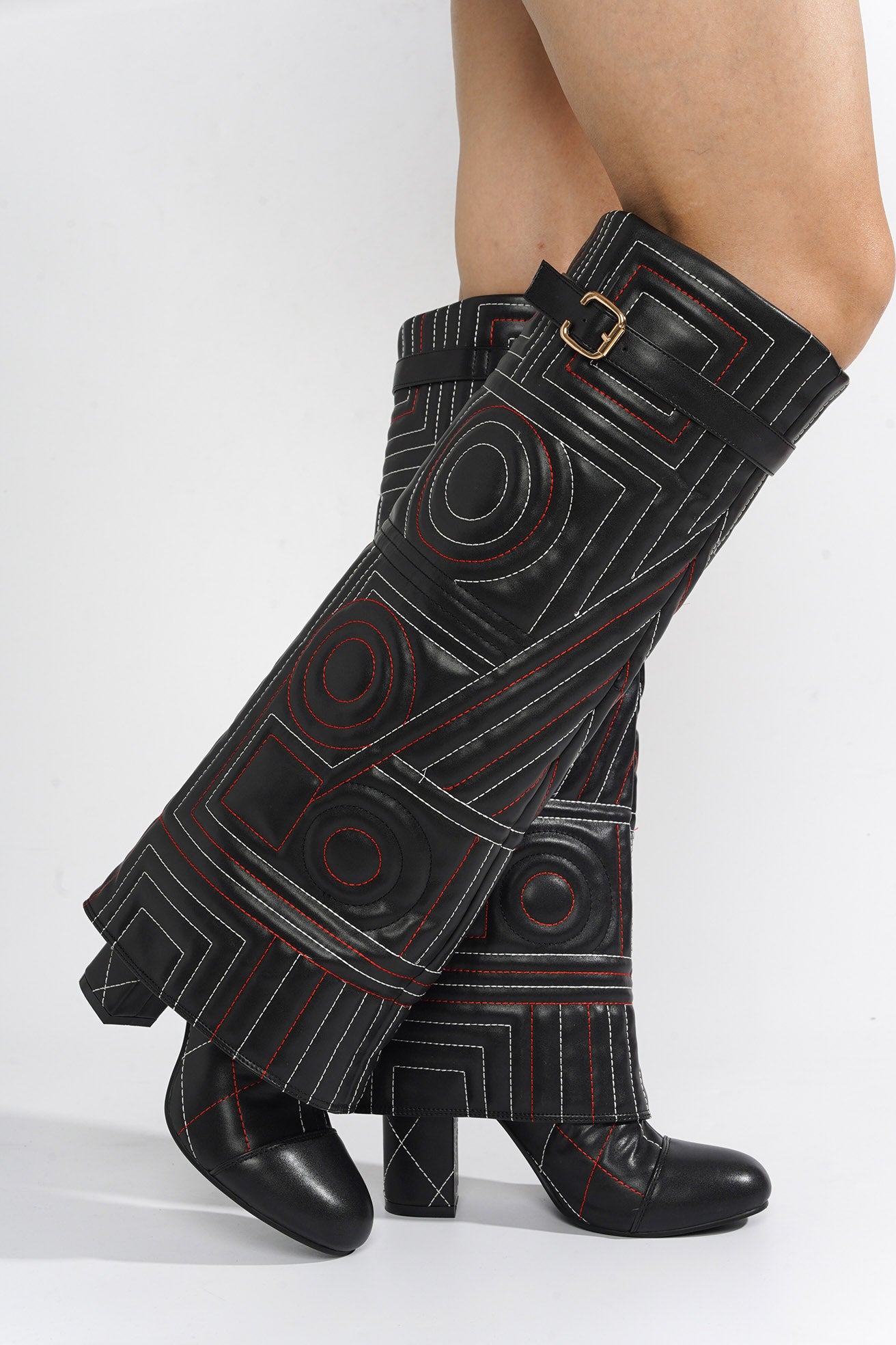 Initial Diamond Stitching Thigh-High Boots - Black