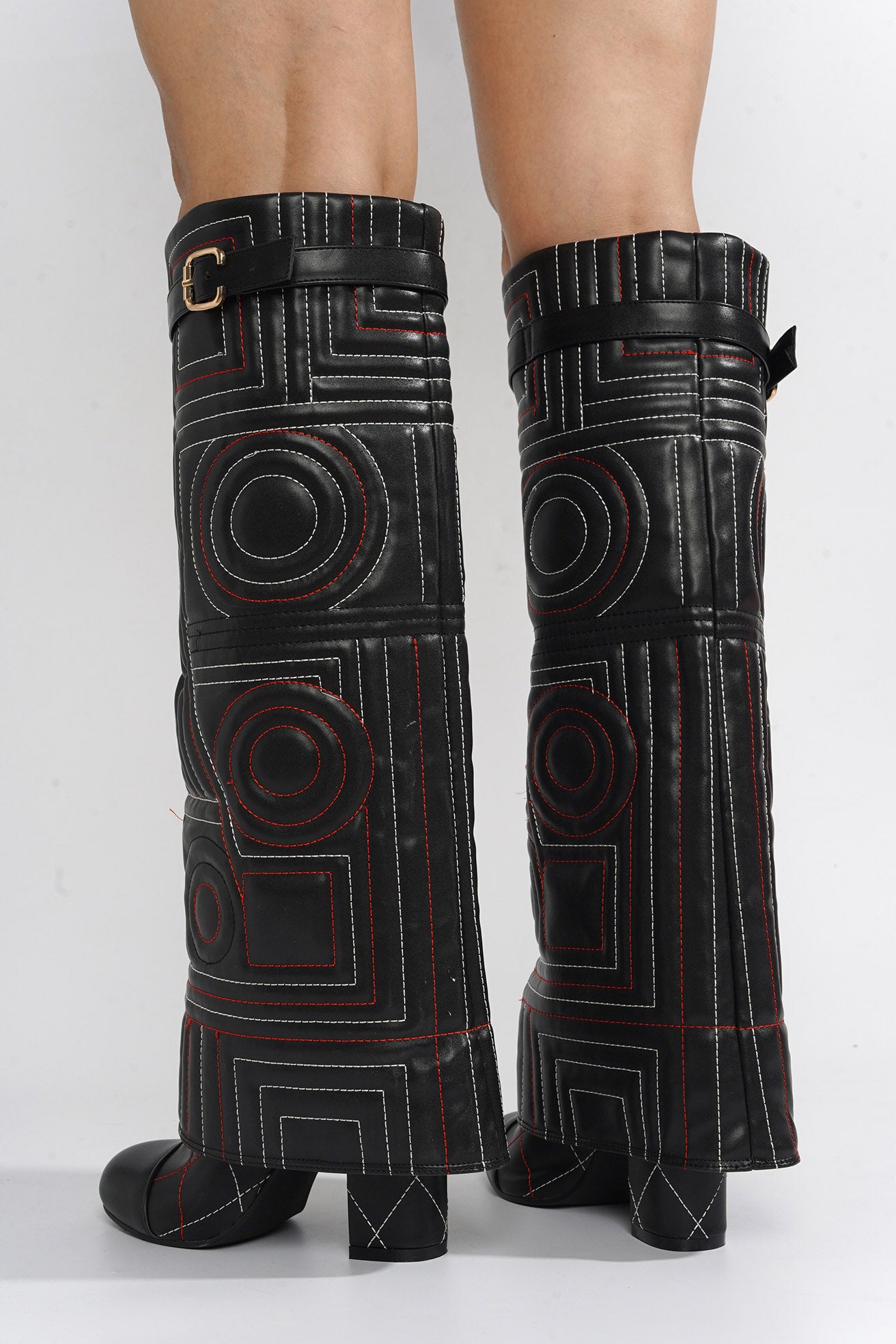 Initial Diamond Stitching Thigh-High Boots - Black