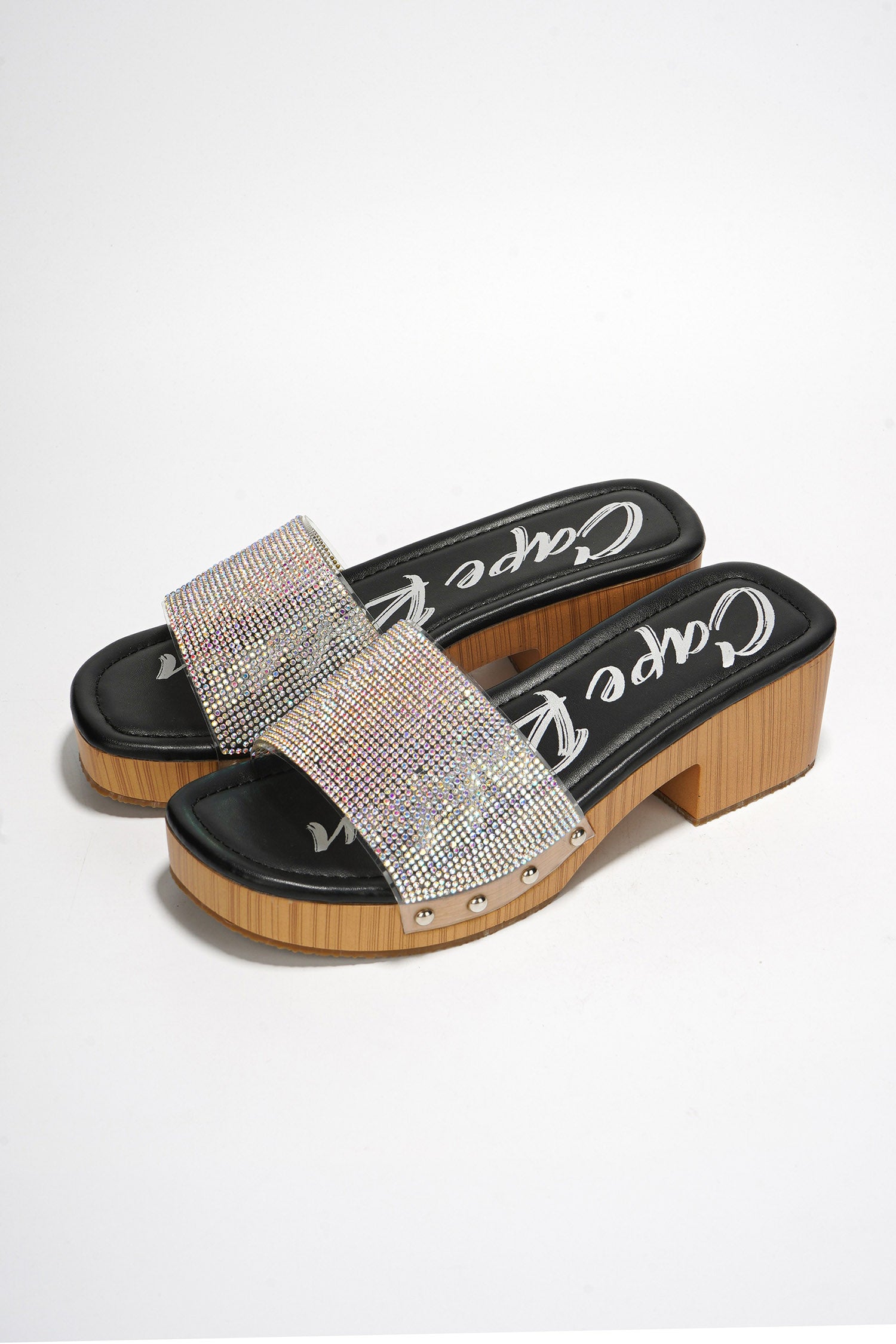 Jami Wooden Midsole Rhinestone Stud Platform - Black