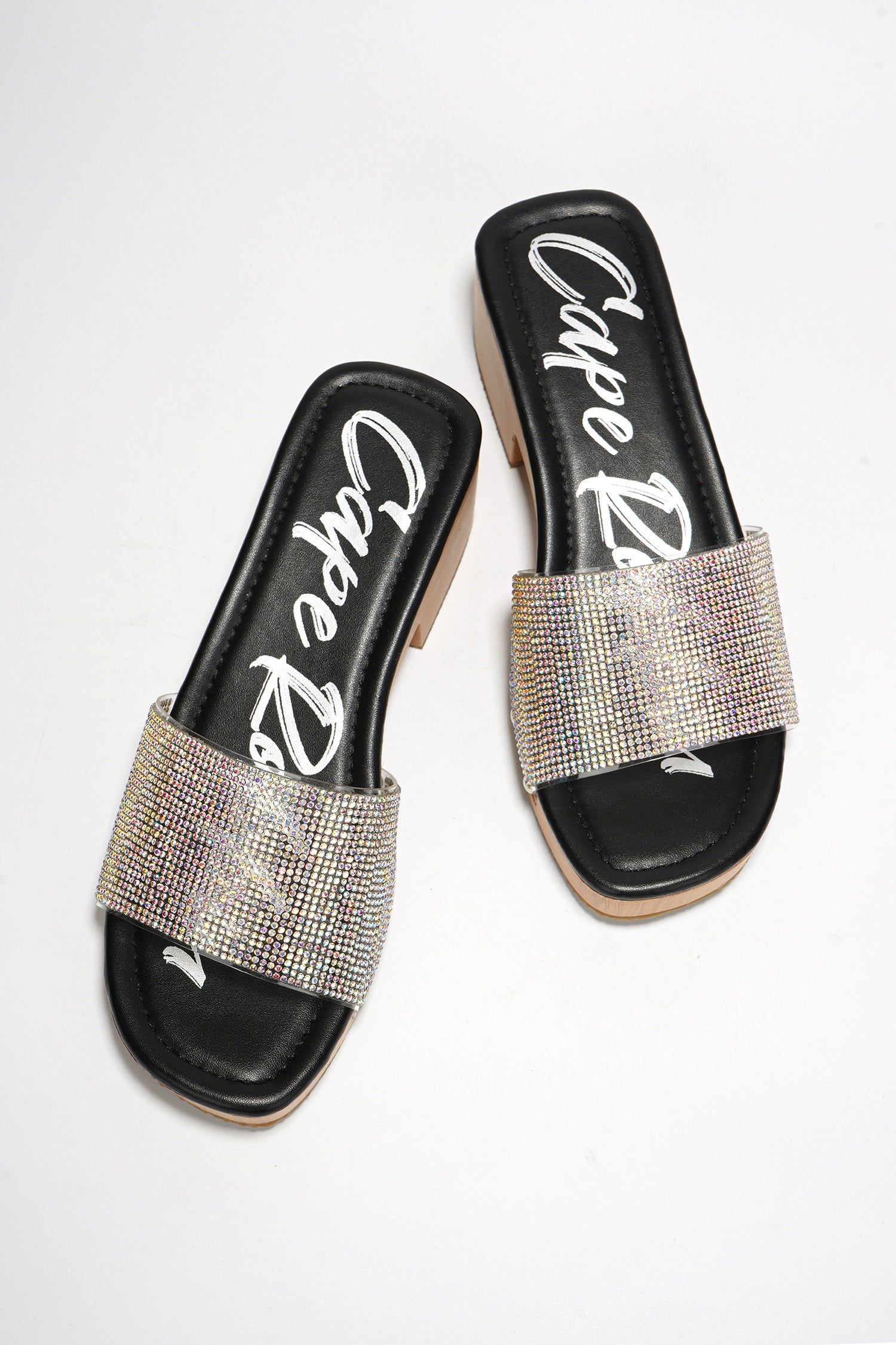 Jami Wooden Midsole Rhinestone Stud Platform - Black