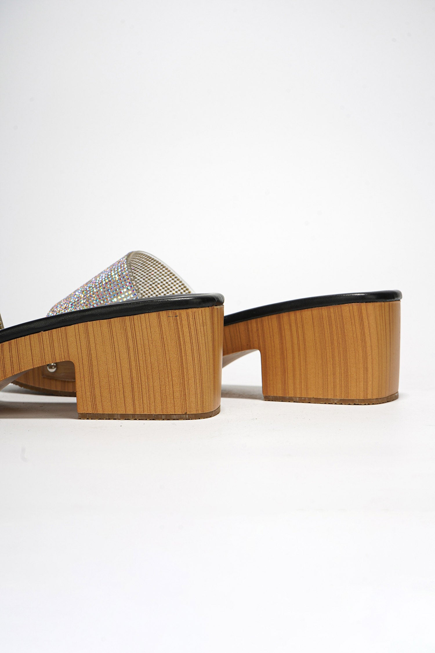 Jami Wooden Midsole Rhinestone Stud Platform - Black