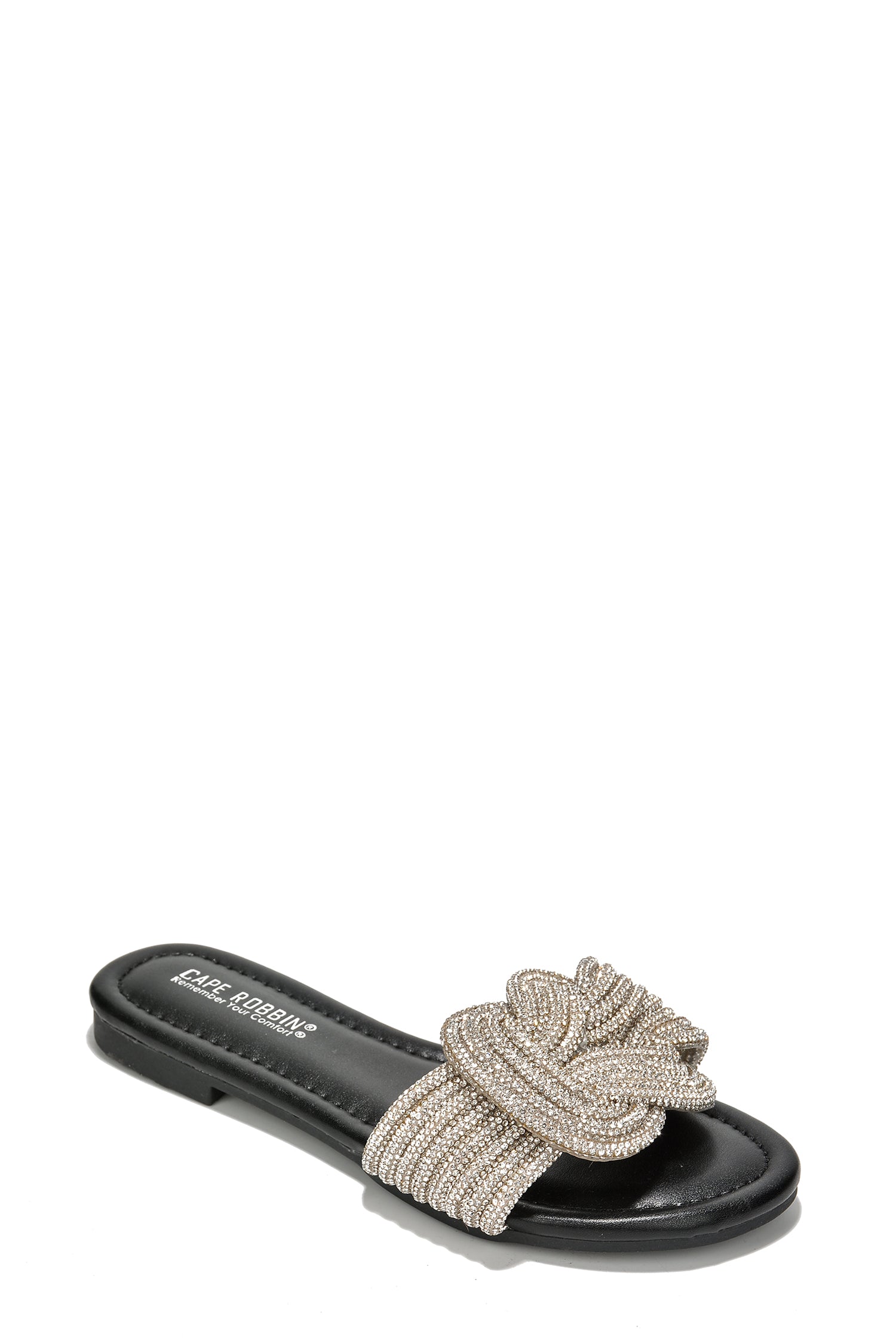 Jeffer Glitter Flat Slide Sandals - Slip On Sandals  with Rhinestone Knot - Black - Cape Robbin