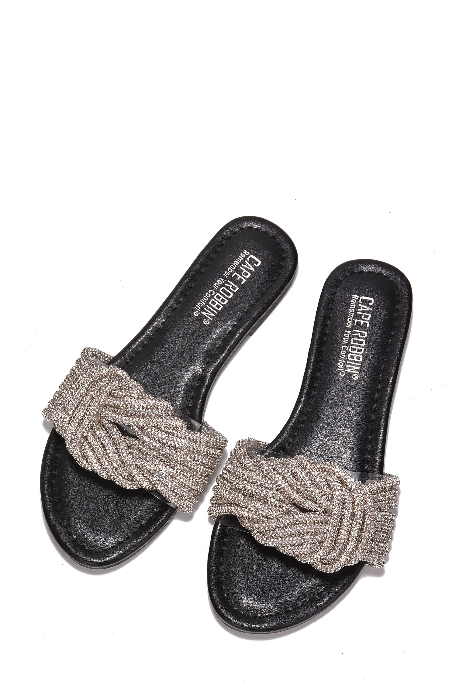 Jeffer Glitter Flat Slide Sandals - Slip On Sandals  with Rhinestone Knot - Black - Cape Robbin
