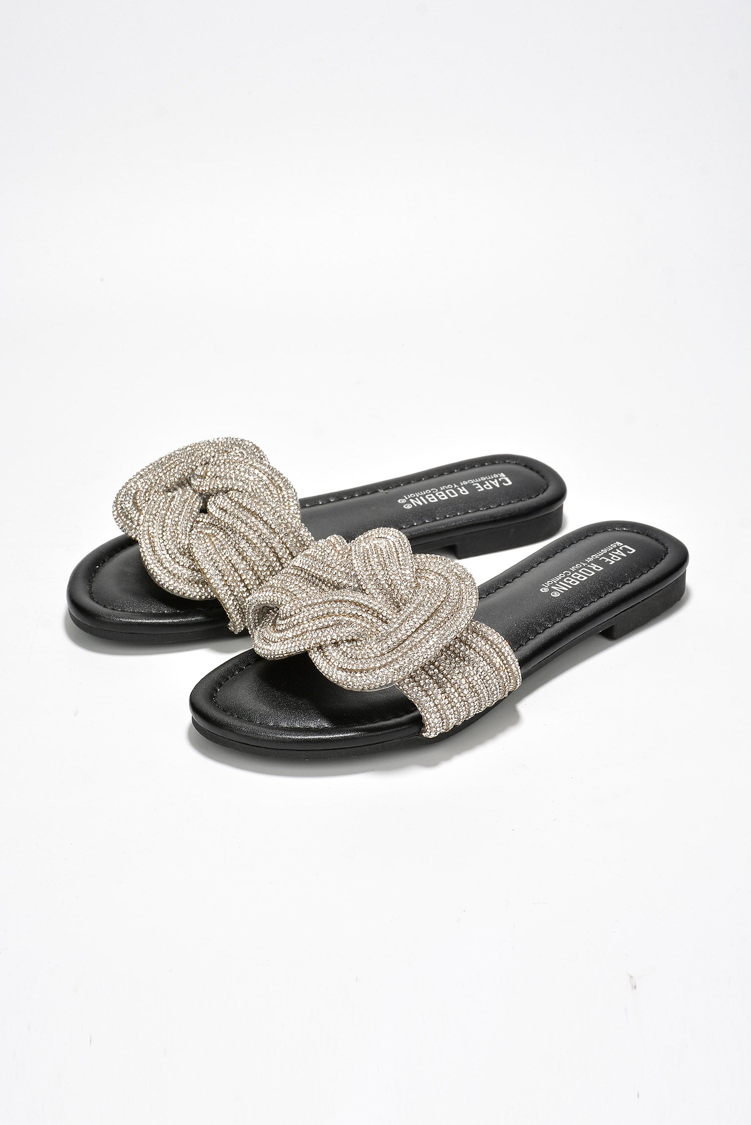 Jeffer Glitter Flat Slide Sandals - Slip On Sandals  with Rhinestone Knot - Black - Cape Robbin