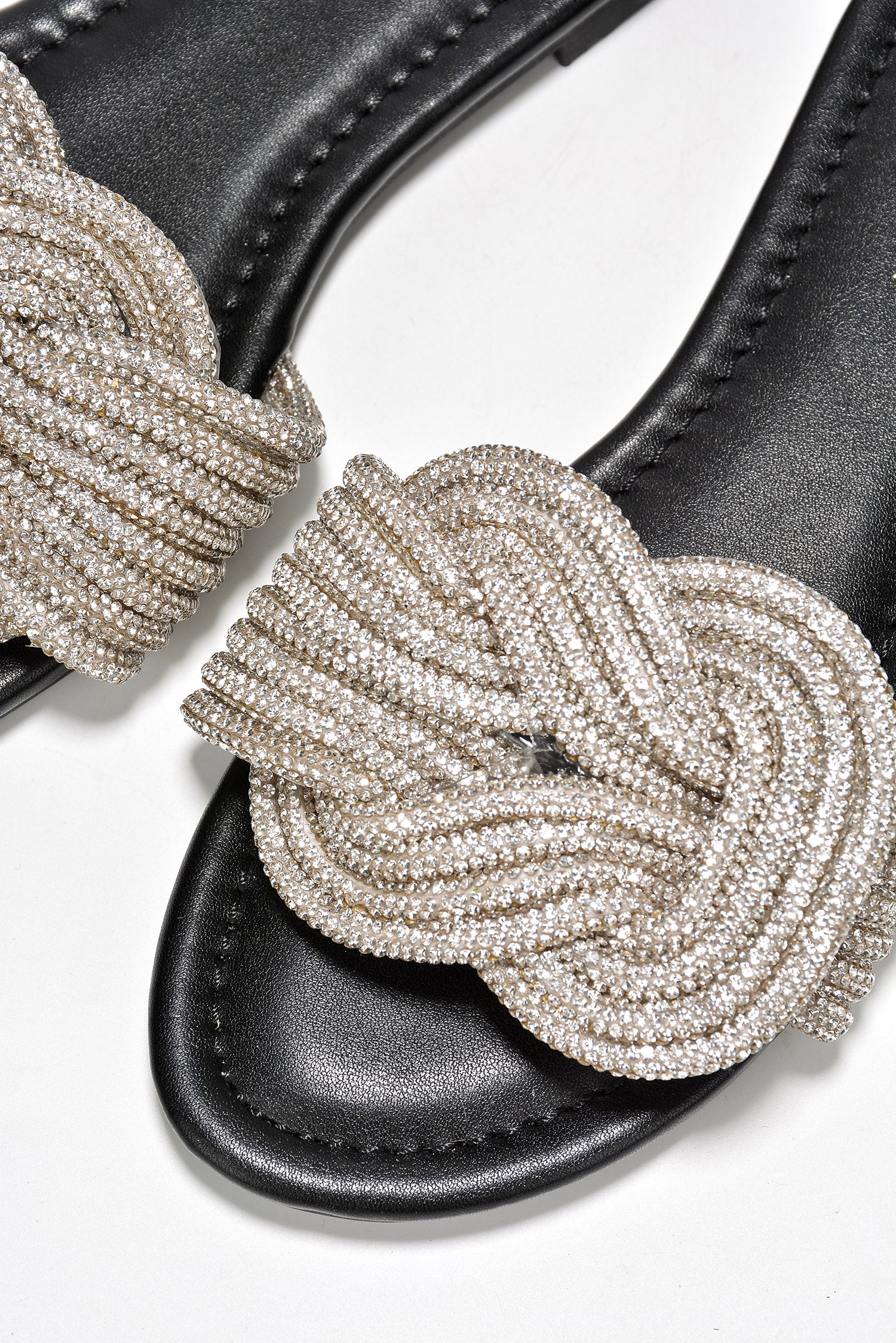 Jeffer Glitter Flat Slide Sandals - Slip On Sandals  with Rhinestone Knot - Black - Cape Robbin