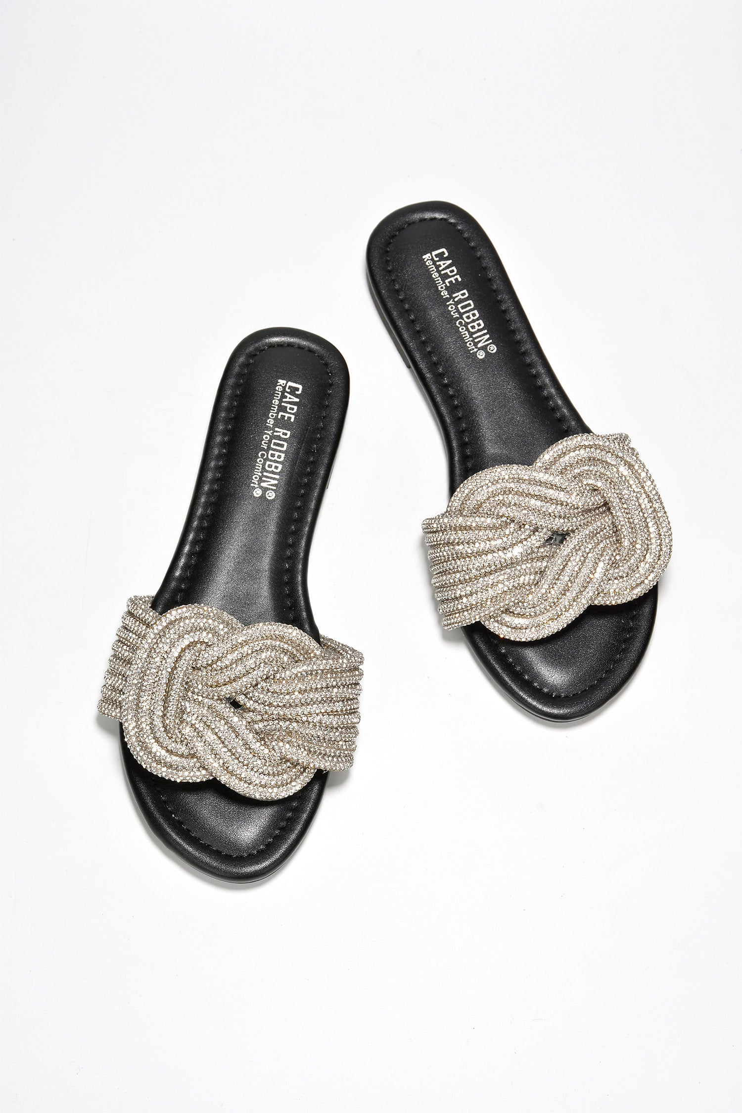 Jeffer Glitter Flat Slide Sandals - Slip On Sandals  with Rhinestone Knot - Black - Cape Robbin