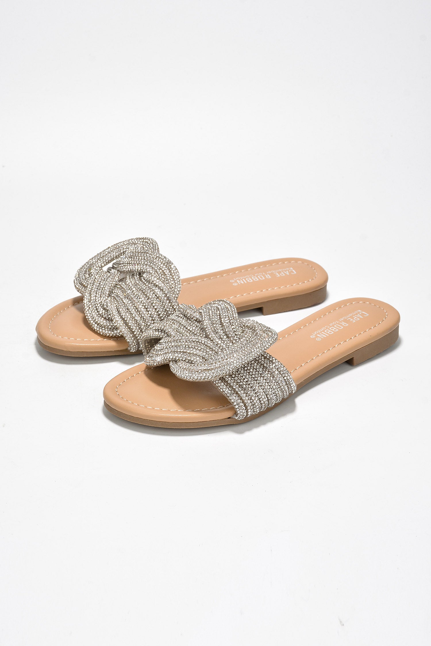 Jeffer Glitter Flat Slide Sandals - Slip On Sandals  with Rhinestone Knot - Nude - Cape Robbin