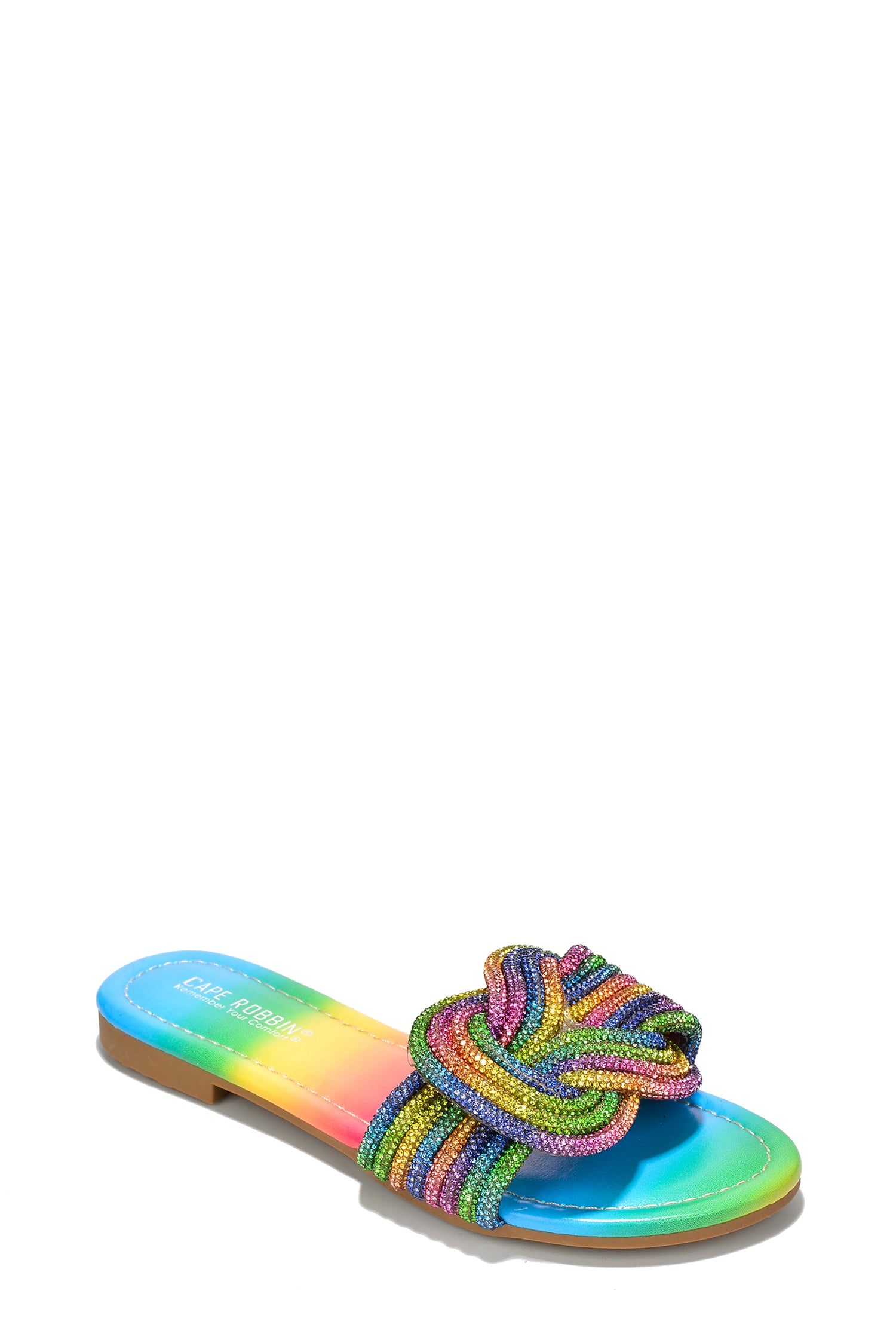 Jeffer Glitter Flat Slide Sandals - Slip On Sandals  with Rhinestone Knot - Rainbow - Cape Robbin