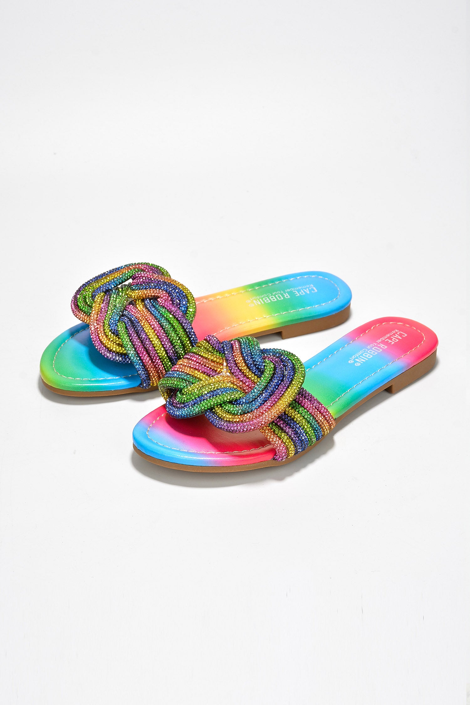 Jeffer Glitter Flat Slide Sandals - Slip On Sandals  with Rhinestone Knot - Rainbow - Cape Robbin