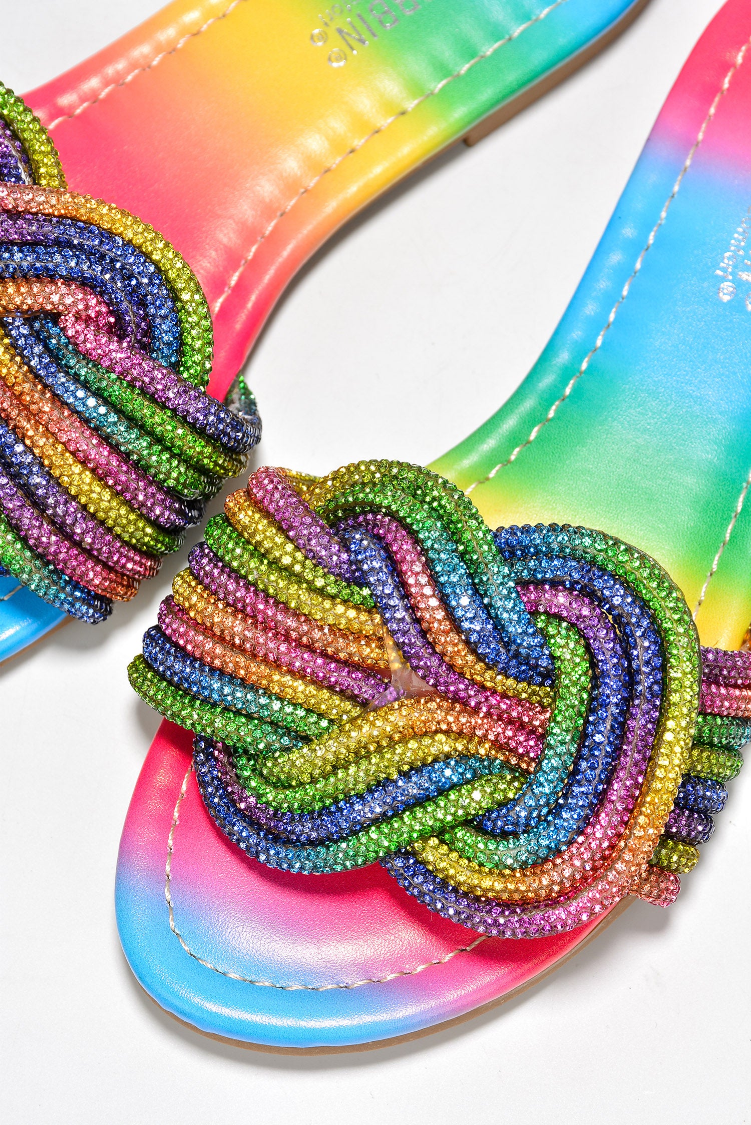 Jeffer Glitter Flat Slide Sandals - Slip On Sandals  with Rhinestone Knot - Rainbow - Cape Robbin