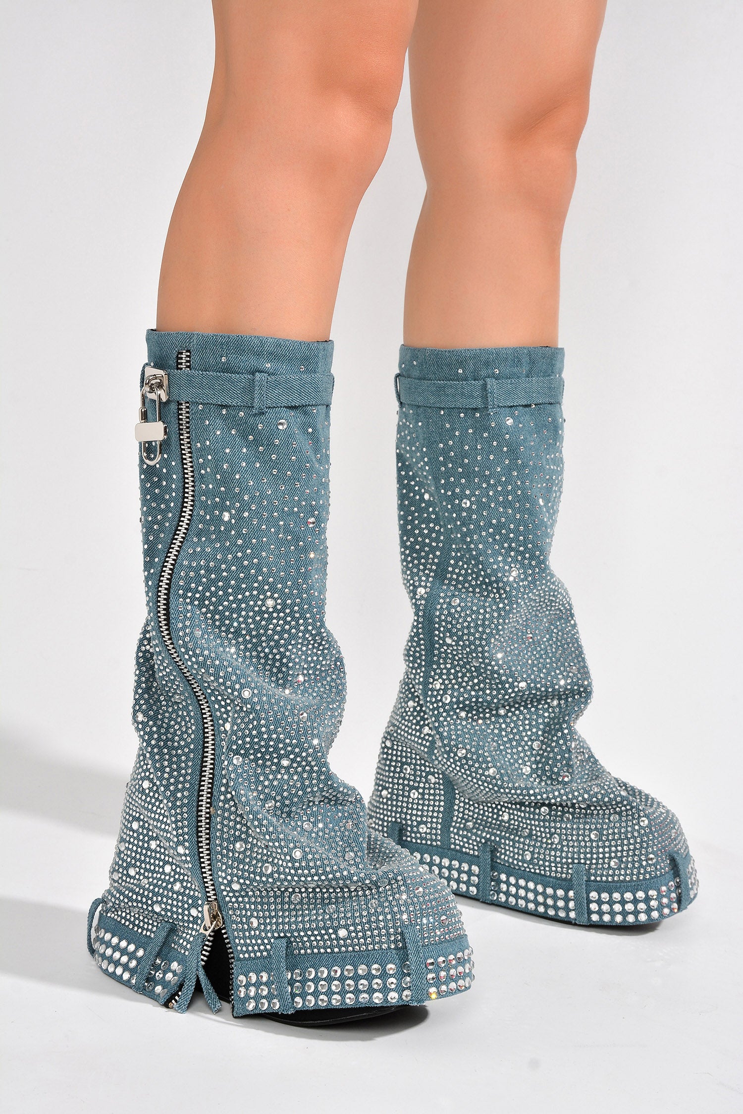 Kastel Denim Rainbow Rhinestone Platform Boots - Denim