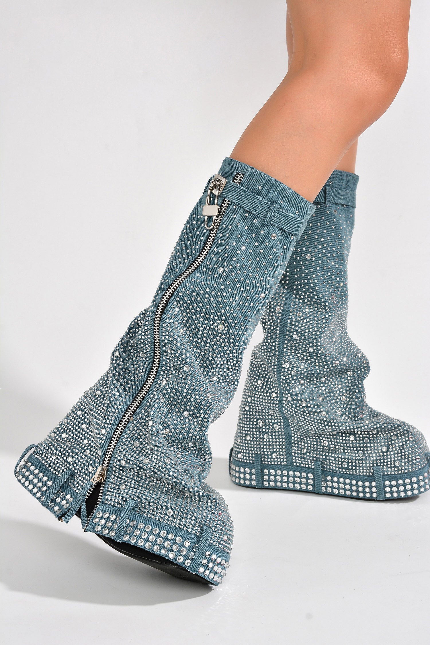 Kastel Denim Rainbow Rhinestone Platform Boots - Denim