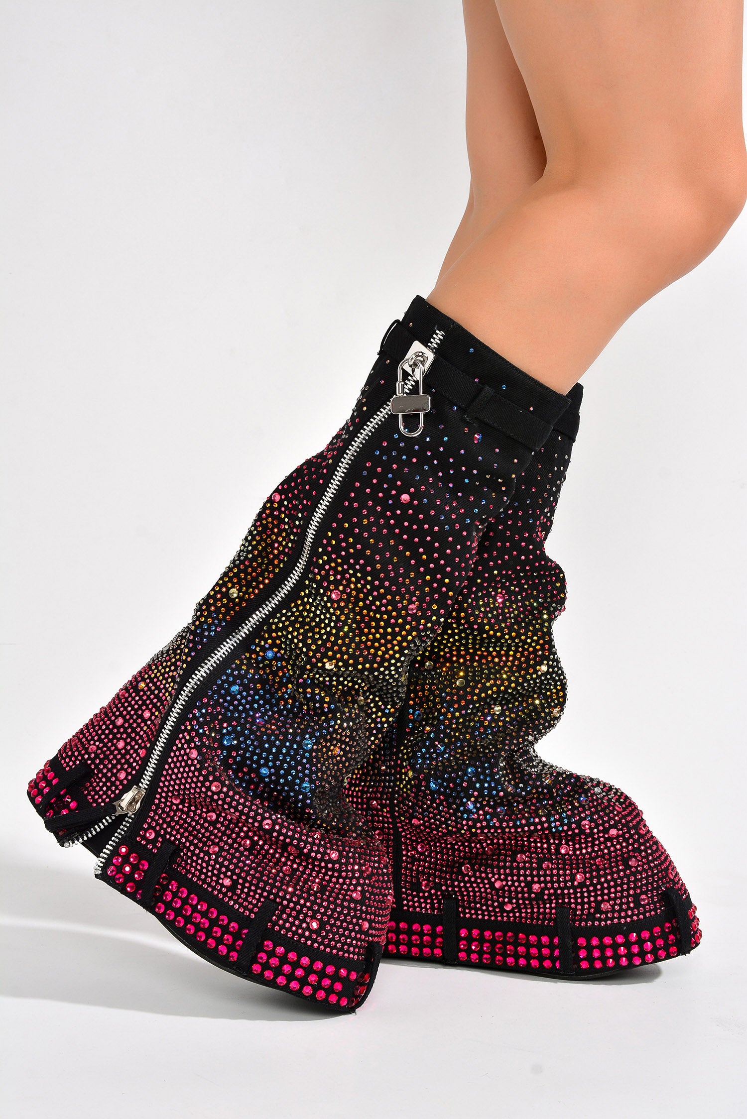 Kastel Denim Rainbow Rhinestone Platform Boots - Multicolor